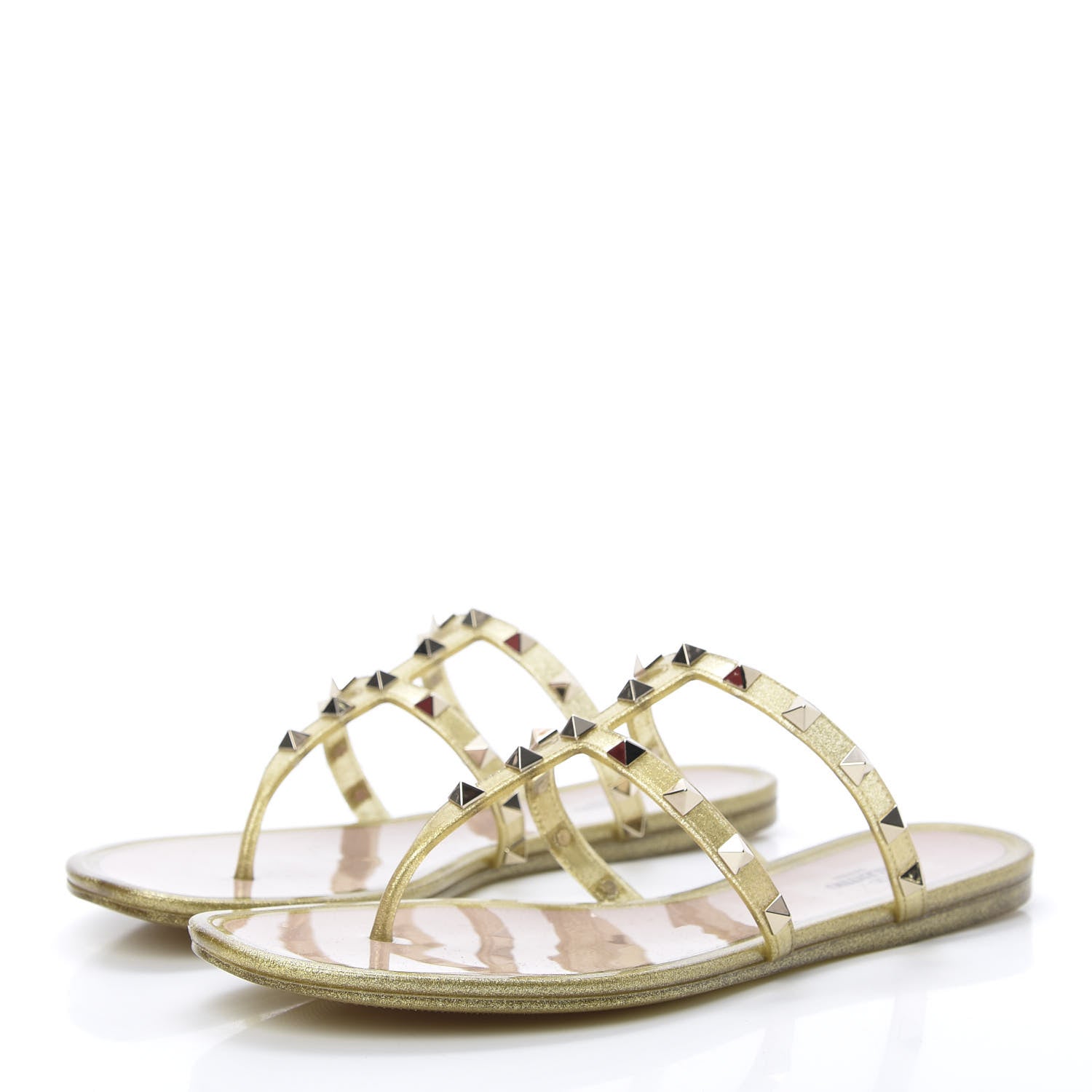 Valentino Garavani PVC Jelly Glitter Rockstud Caged Flat Thong Sandals 40 Oro 3 of 8