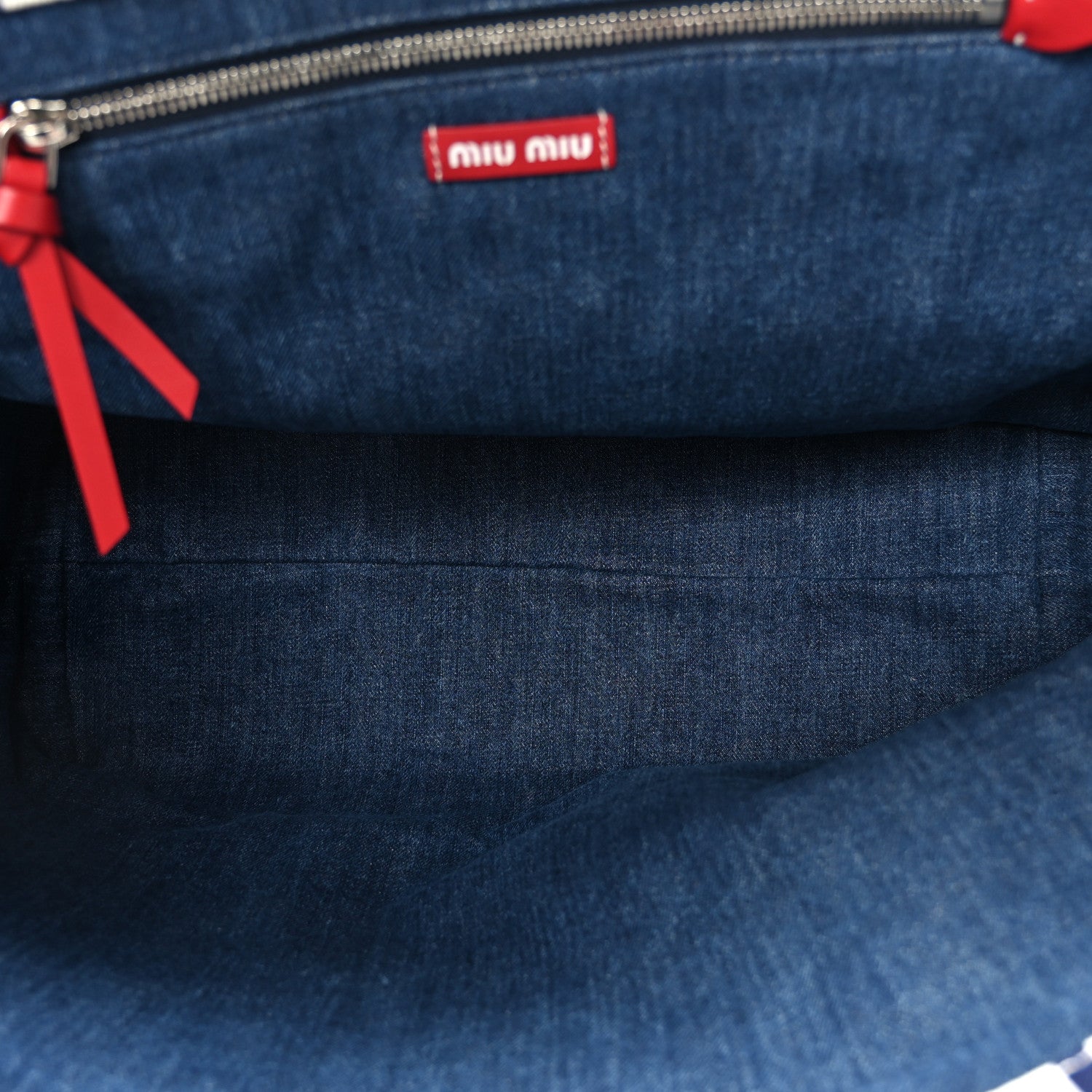 Miu Miu Canvas Denim Striped Logo Tote White Blue 5 of 9