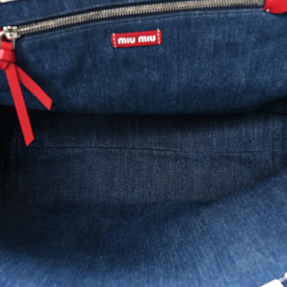 Miu Miu Canvas Denim Striped Logo Tote White Blue 5 of 9