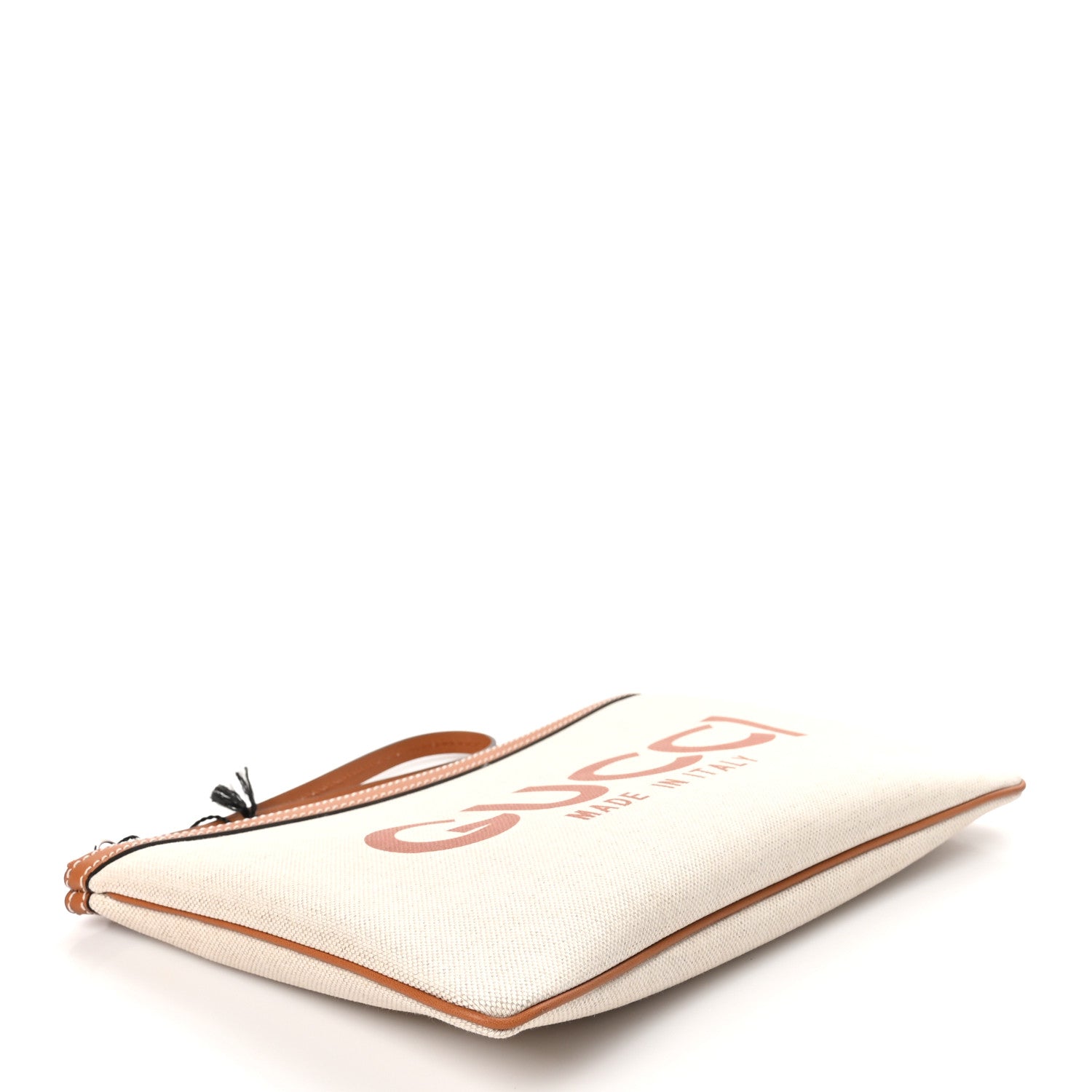Gucci Canvas Calfskin Logo Print Zip Wristlet Pouch Beige Brown 4 of 8