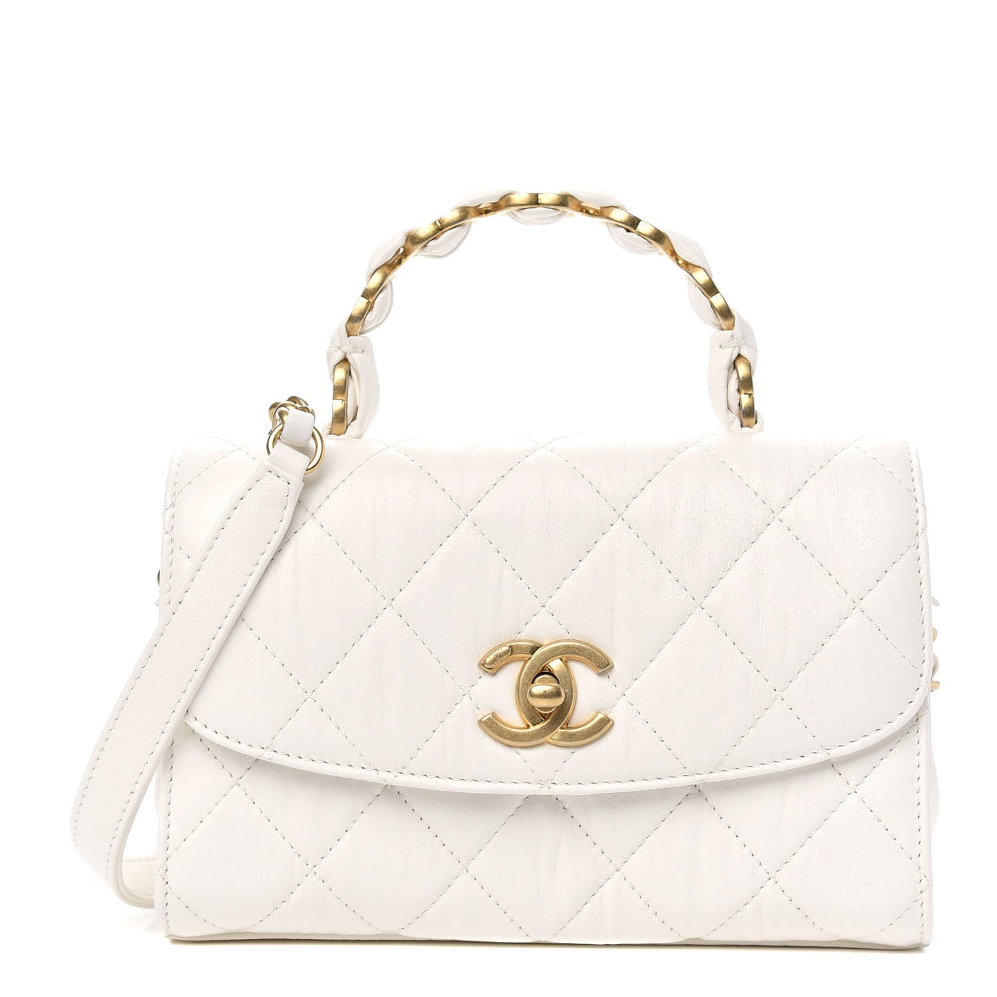 Crumpled Lambskin Quilted Mini CC Links Top Handle Flap White