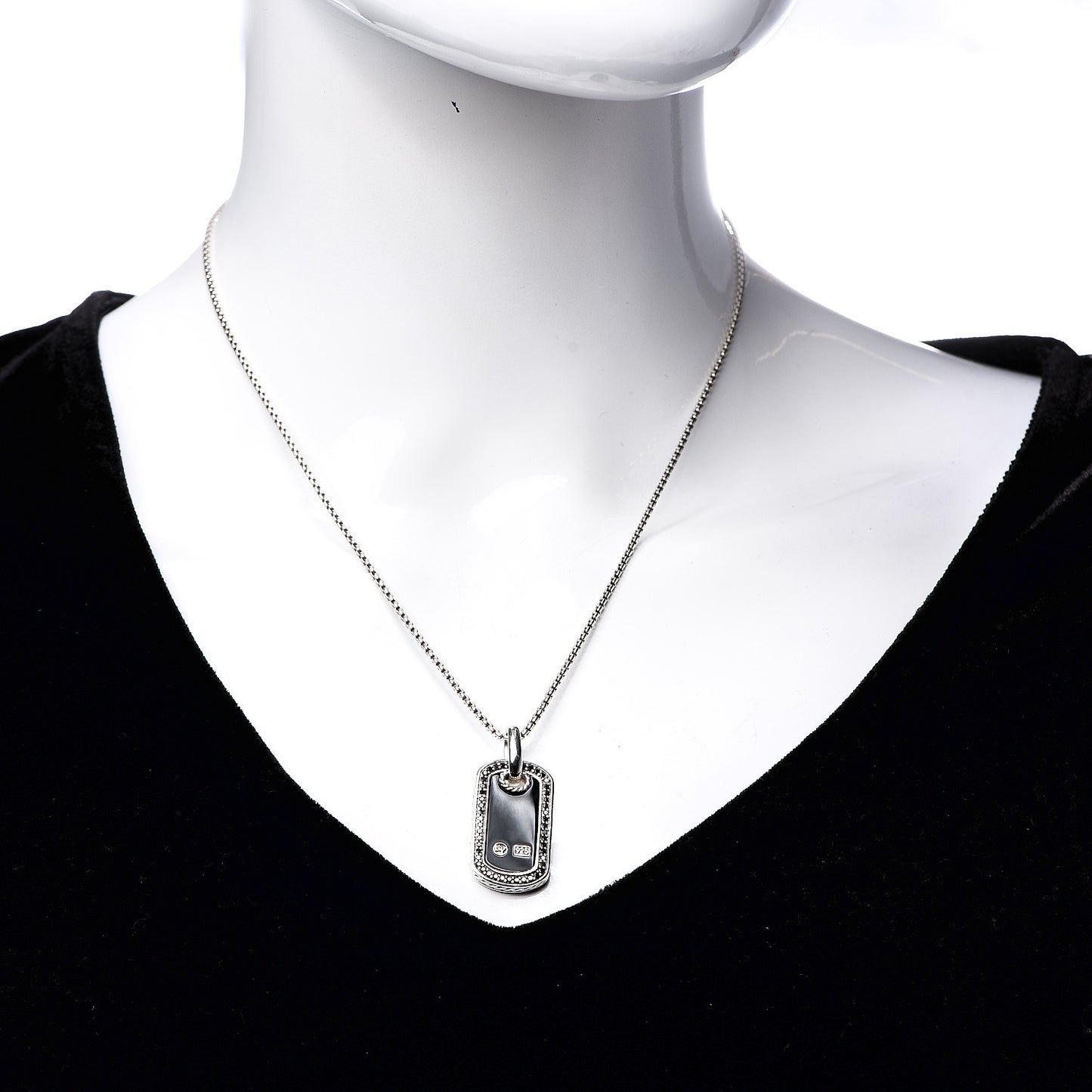 Sterling Silver Black Onyx Black Diamond Small Dog Tag Pendant