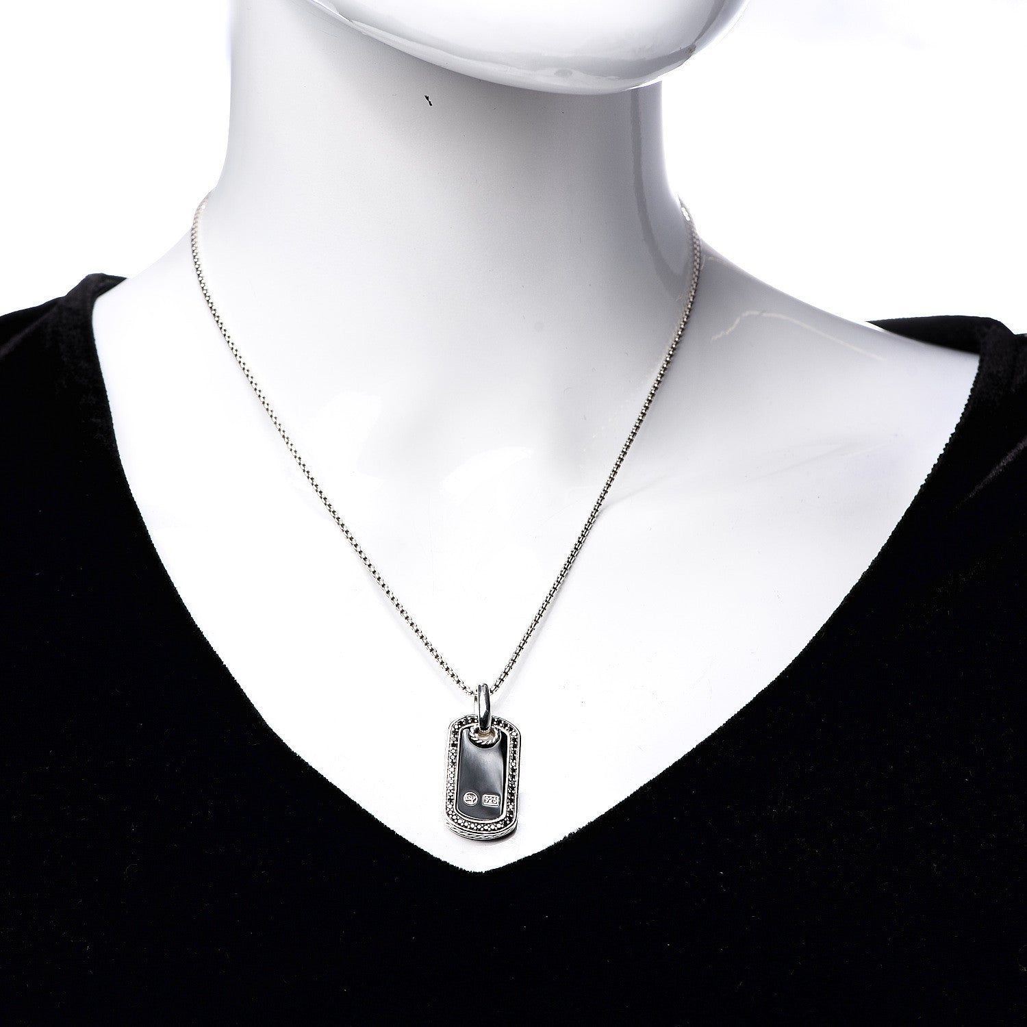 David Yurman Sterling Silver Black Onyx Black Diamond Small Dog Tag Pendant 2 of 5