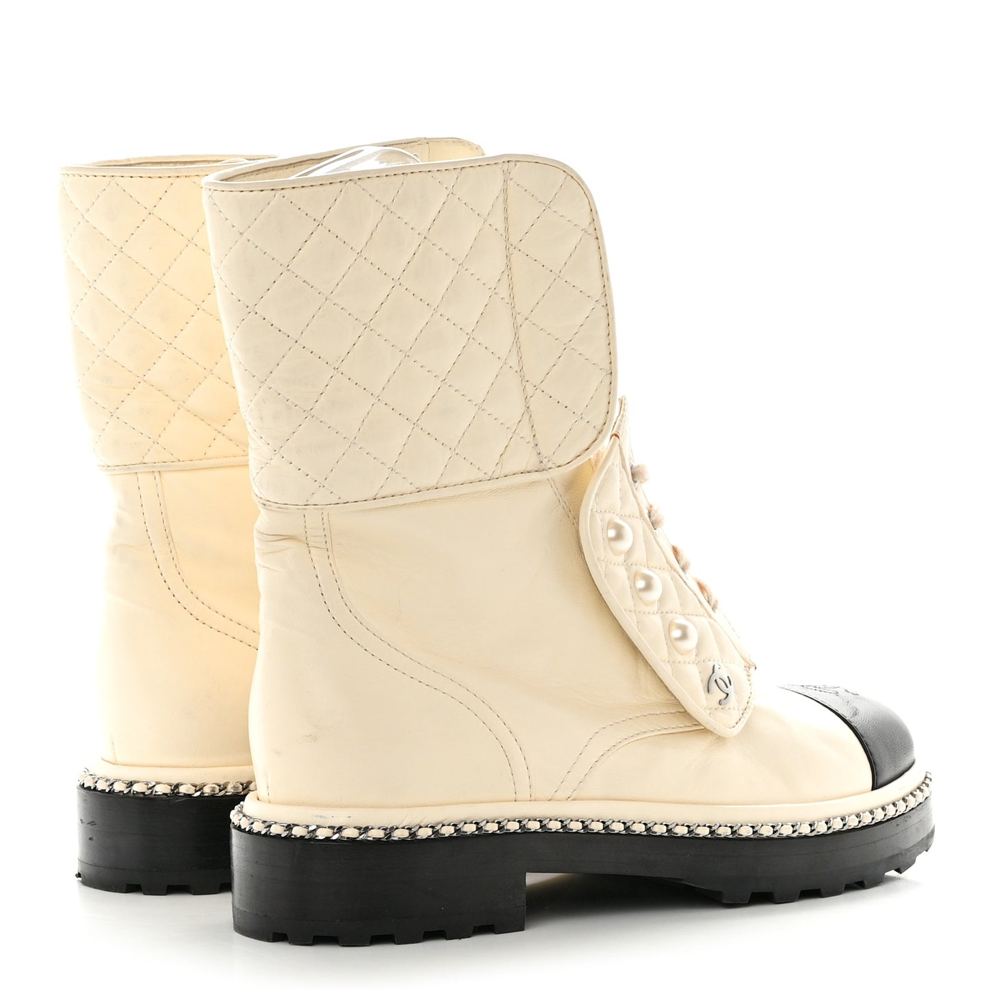 Lambskin Pearl Chain CC Combat Boots 38 Ivory Black