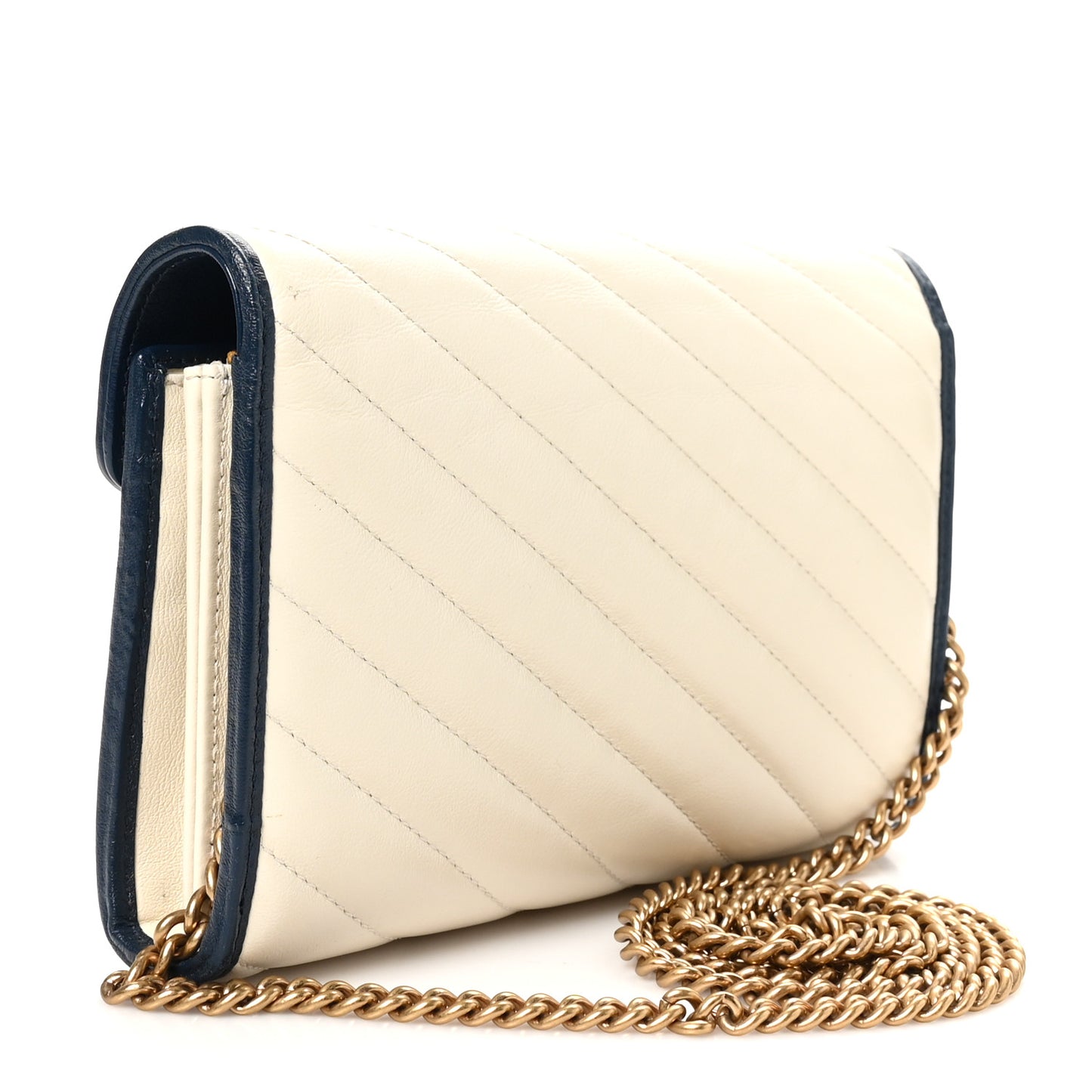 Vintage Effect Calfskin Matelasse Diagonal Torchon GG Marmont Chain Wallet Mystic White Blue Agata