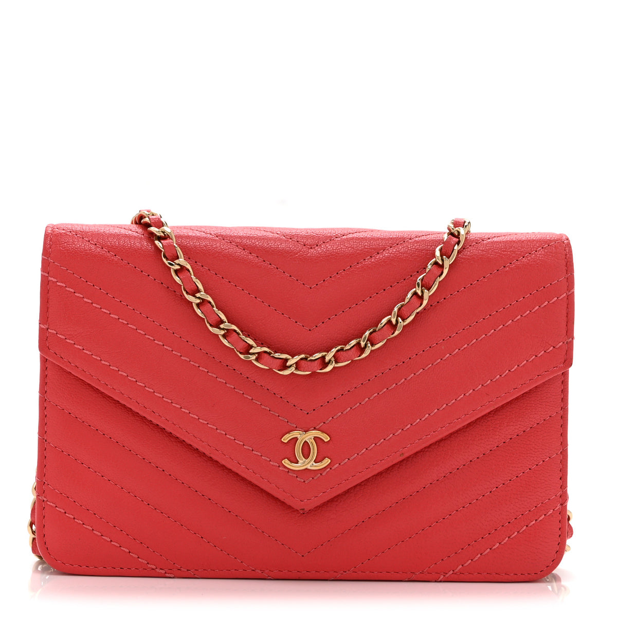 Shiny Goatskin Chevron Quilted Statement Wallet On Chain WOC Red