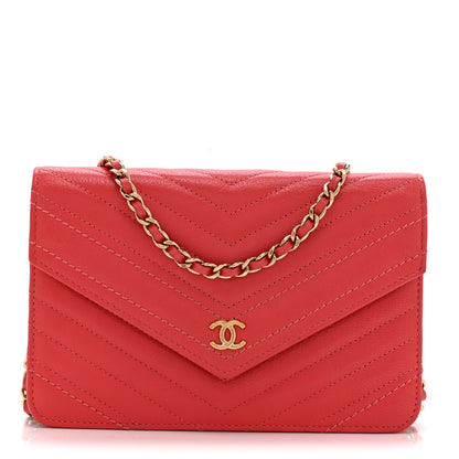 Chanel Shiny Goatskin Chevron Quilted Statement Wallet On Chain WOC Red 1 of 12