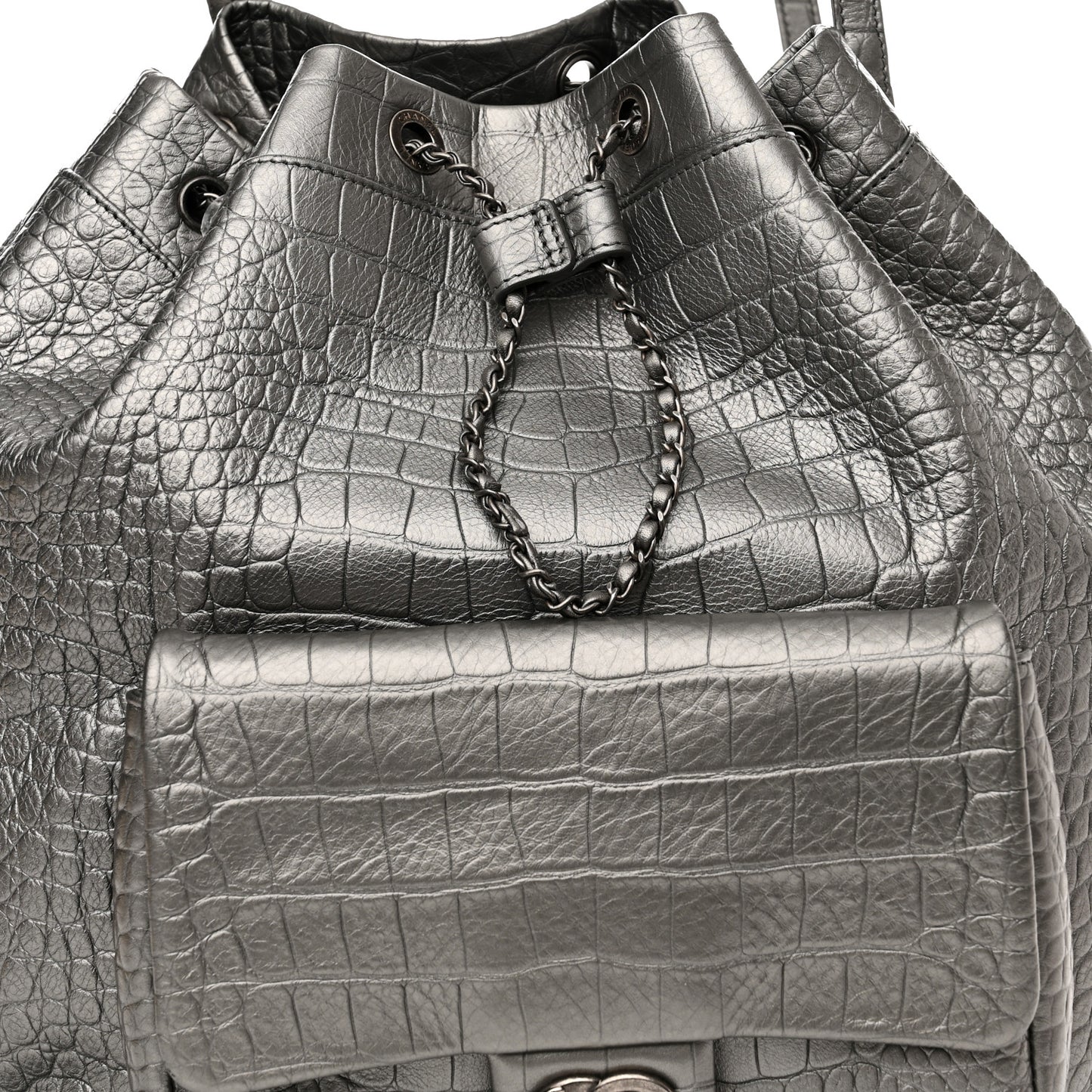 Metallic Calfskin Crocodile Embossed Large Backpack Silver