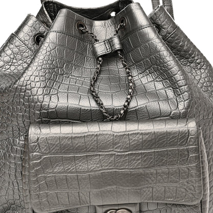 Chanel Metallic Calfskin Crocodile Embossed Large Backpack Silver 8 of 10