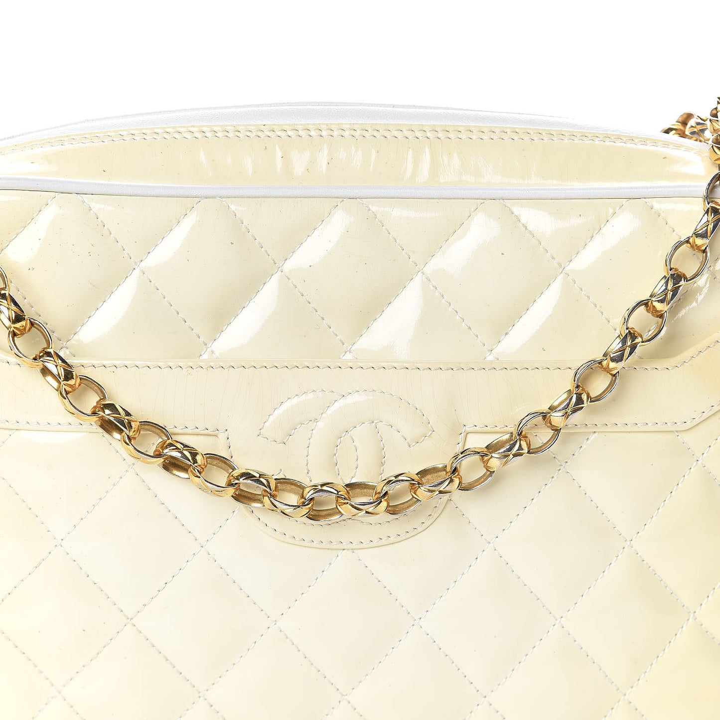 Patent Calfskin Quilted CC Tassel Camera Case White