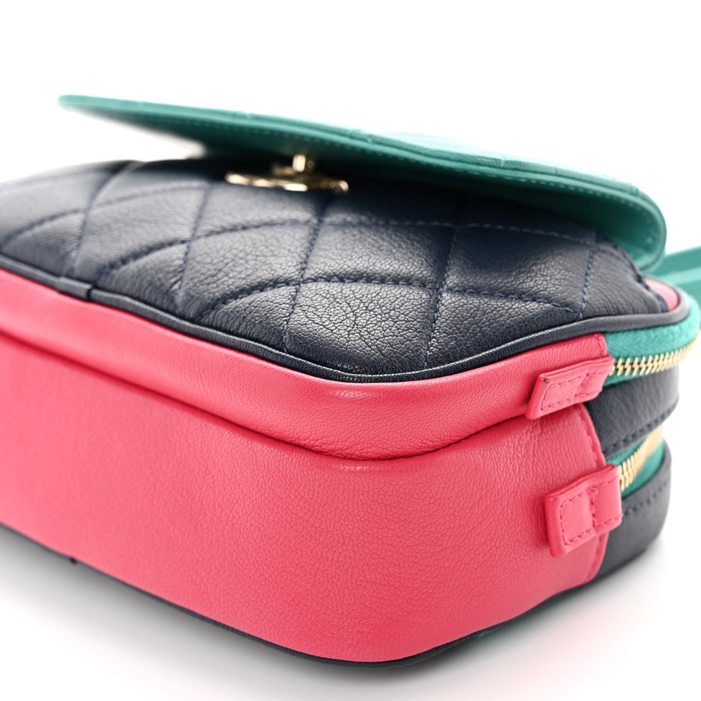 Goatskin Quilted Tri-Color In & Out Waist Bag Navy Turquoise Pink