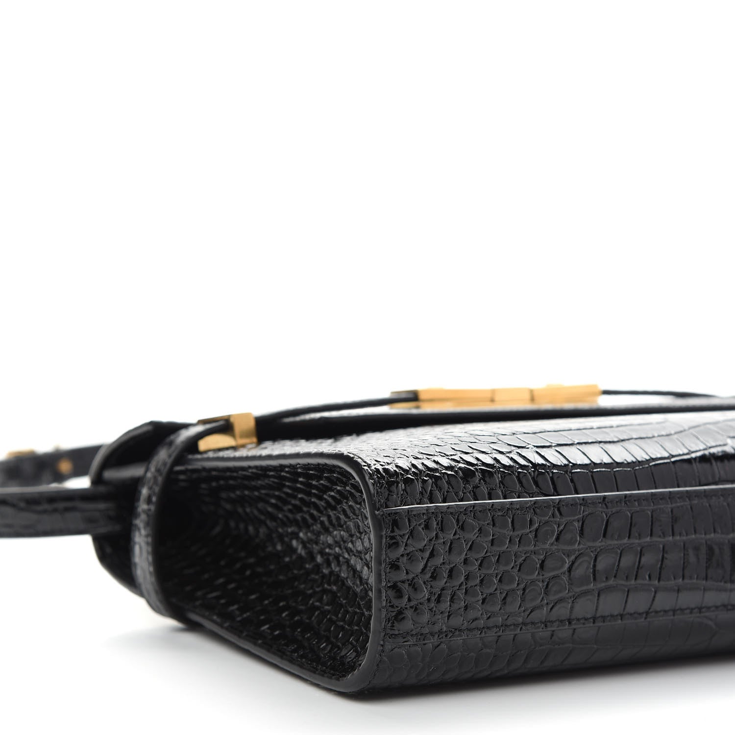 Saint Laurent Shiny Calfskin Crocodile Embossed Small Manhattan Baguette Black 6 of 7