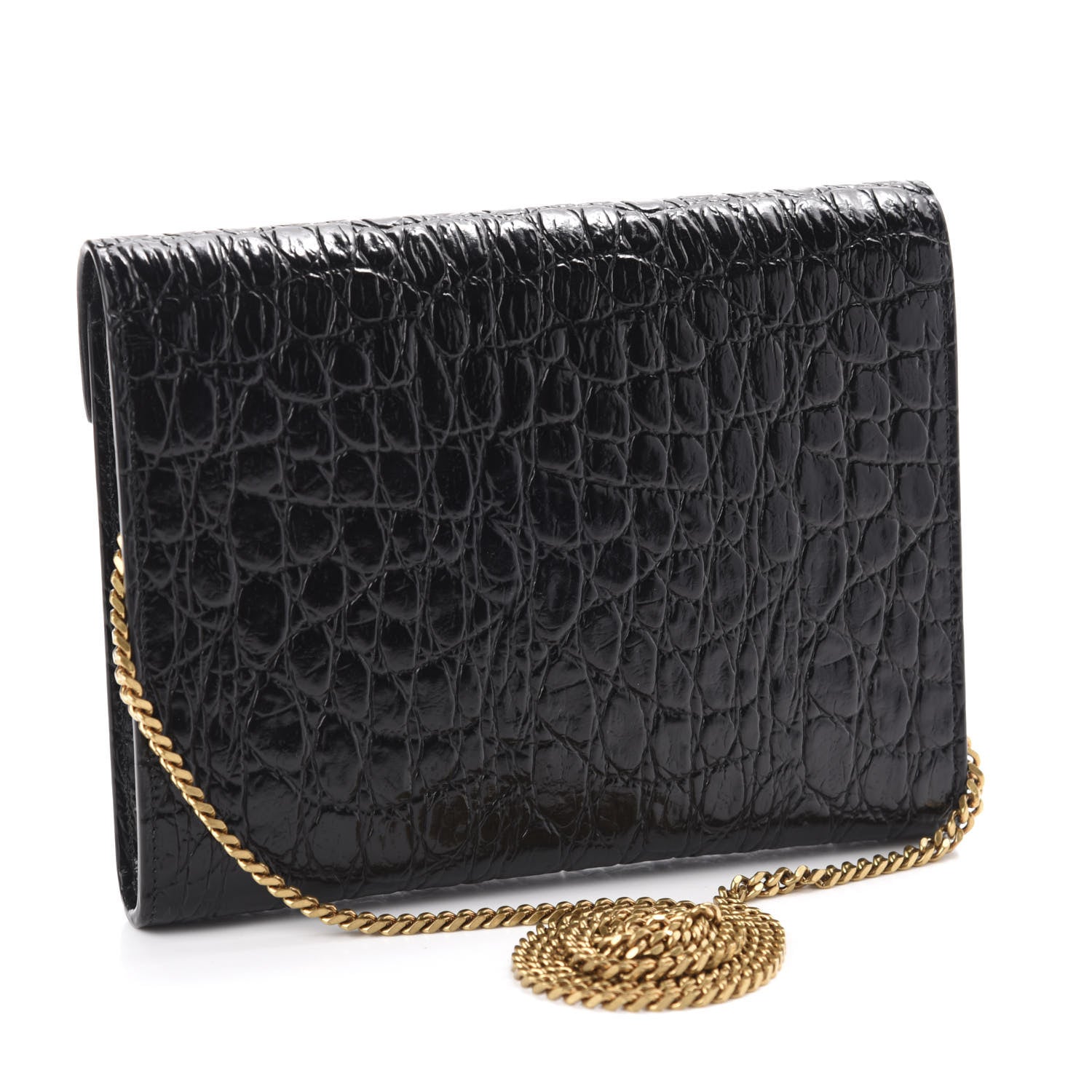 Saint Laurent Calfskin Crocodile Embossed Monogram Cassandra Chain Wallet Black 3 of 11