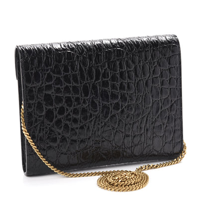 Saint Laurent Calfskin Crocodile Embossed Monogram Cassandra Chain Wallet Black 3 of 11