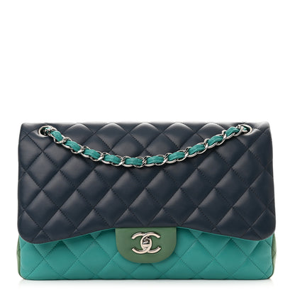 Chanel Lambskin Quilted Tri-Color Jumbo Double Flap Navy Blue Green 1 of 10