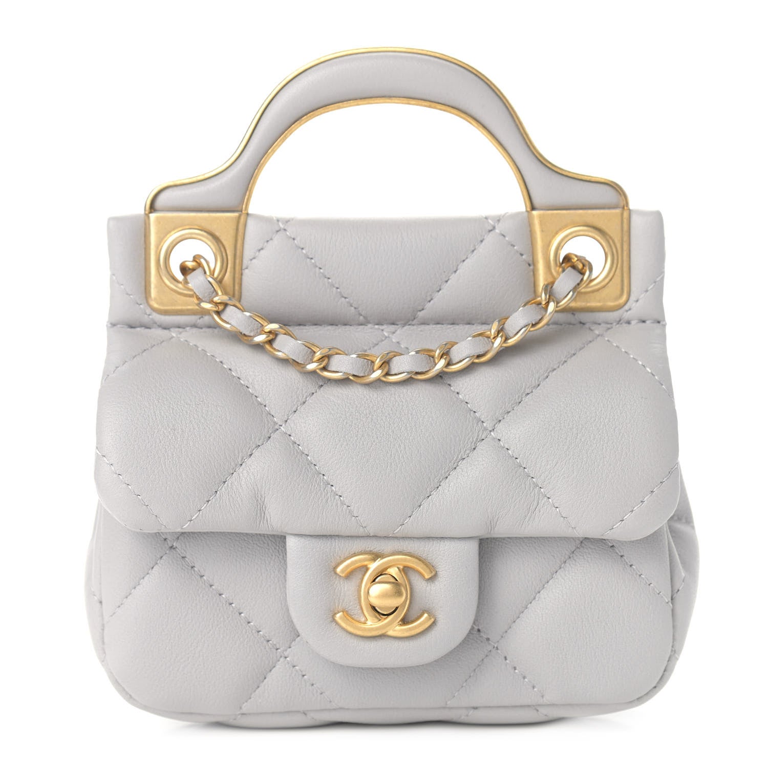 Chanel Calfskin Quilted Lady Handle Flap Card Holder With Chain Grey 1 of 9