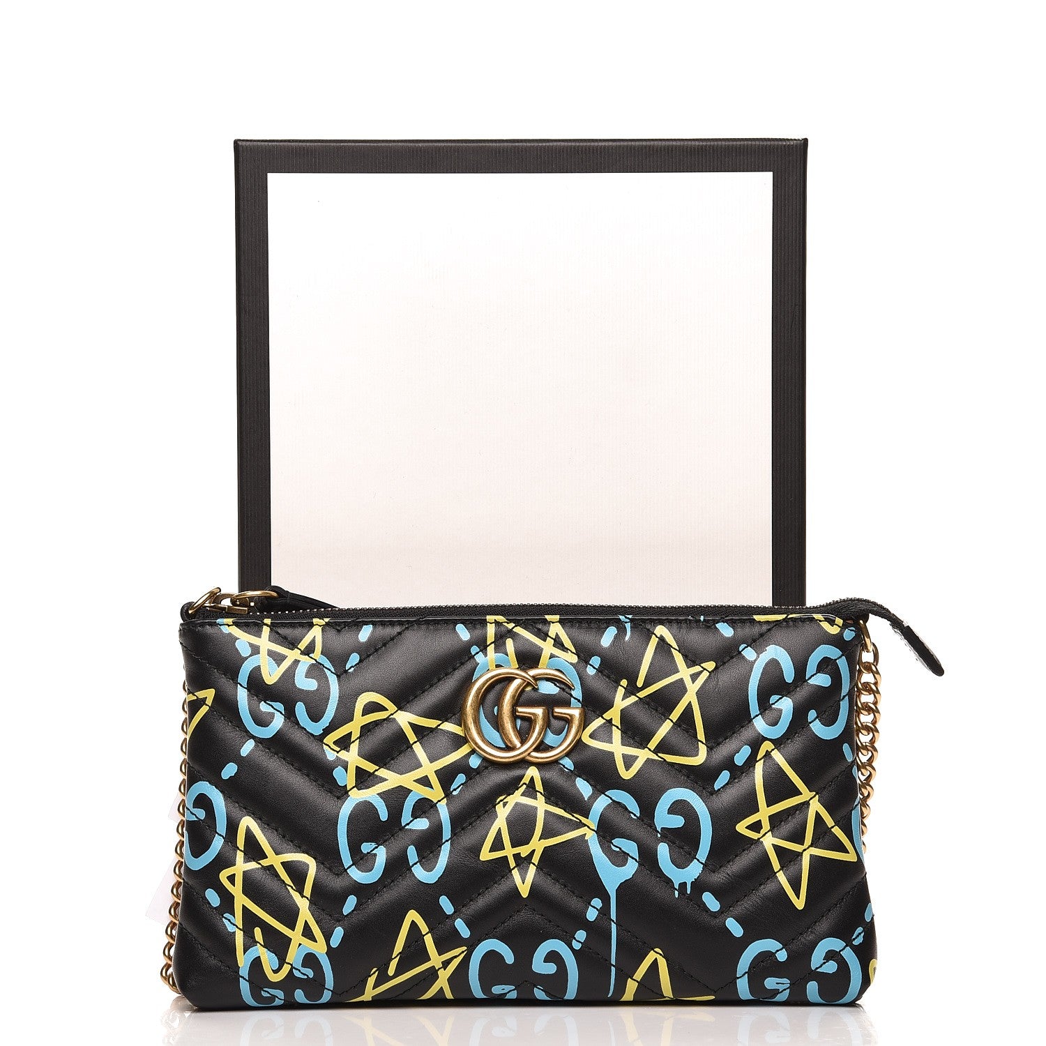 Gucci Calfskin Matelasse Printed Mini GucciGhost GG Marmont Chain Bag Black New Acquamarine 7 of 7