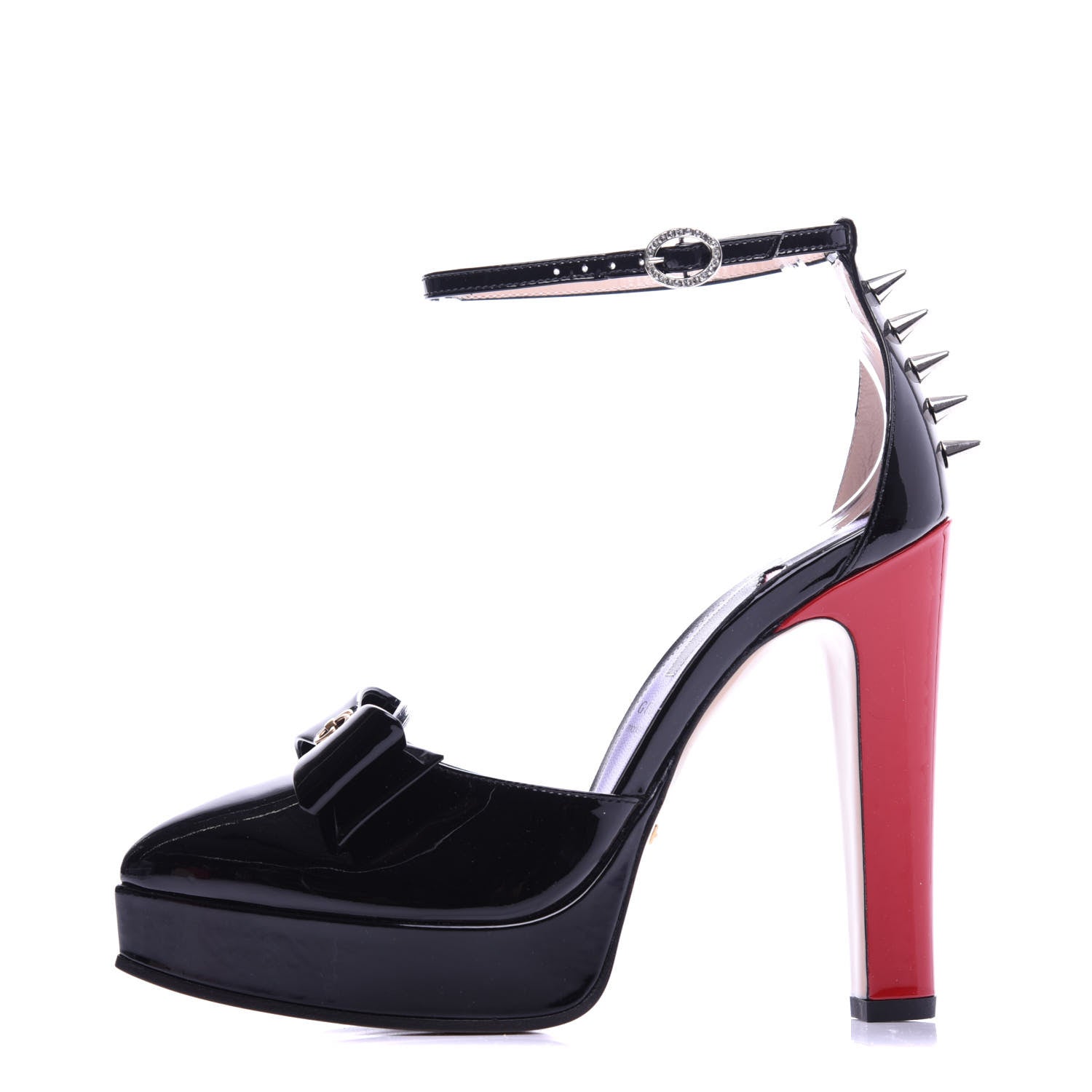 Gucci Patent Crystal GG Bow Sadie Spike Ankle Strap d'Orsay Platform High Heel Pumps 36 Black 1 of 10
