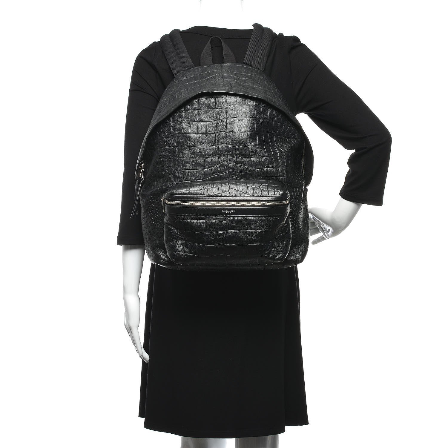 Saint Laurent Calfskin Crocodile Embossed City Backpack Black 3 of 8