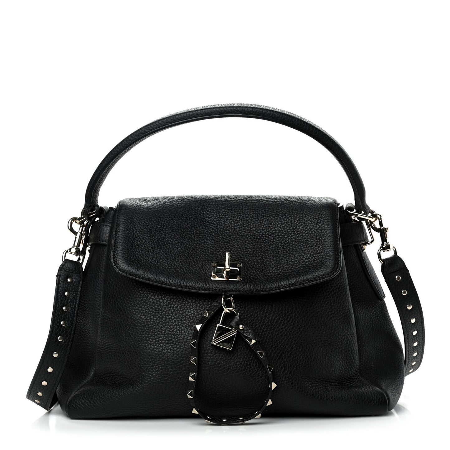 Grained Lagun Calfskin Rockstud Twiny Top Handle Bag Black