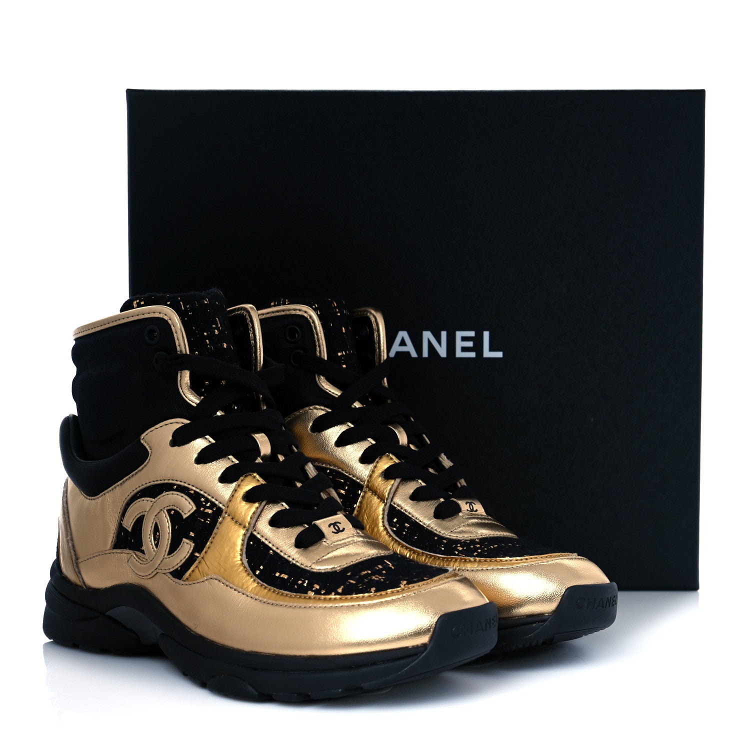 Chanel Satin Lambskin Fabric Tweed CC High Top Sneakers 38.5 Black Gold 8 of 8