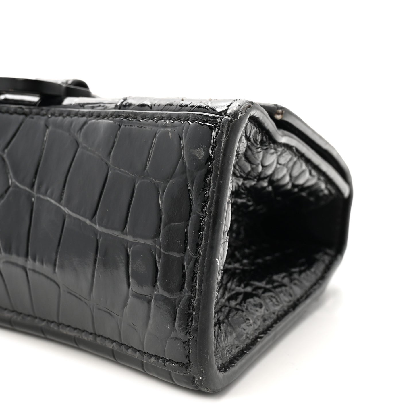 Shiny Calfskin Monochrome Crocodile Embossed Hourglass Top Handle Bag XS Black