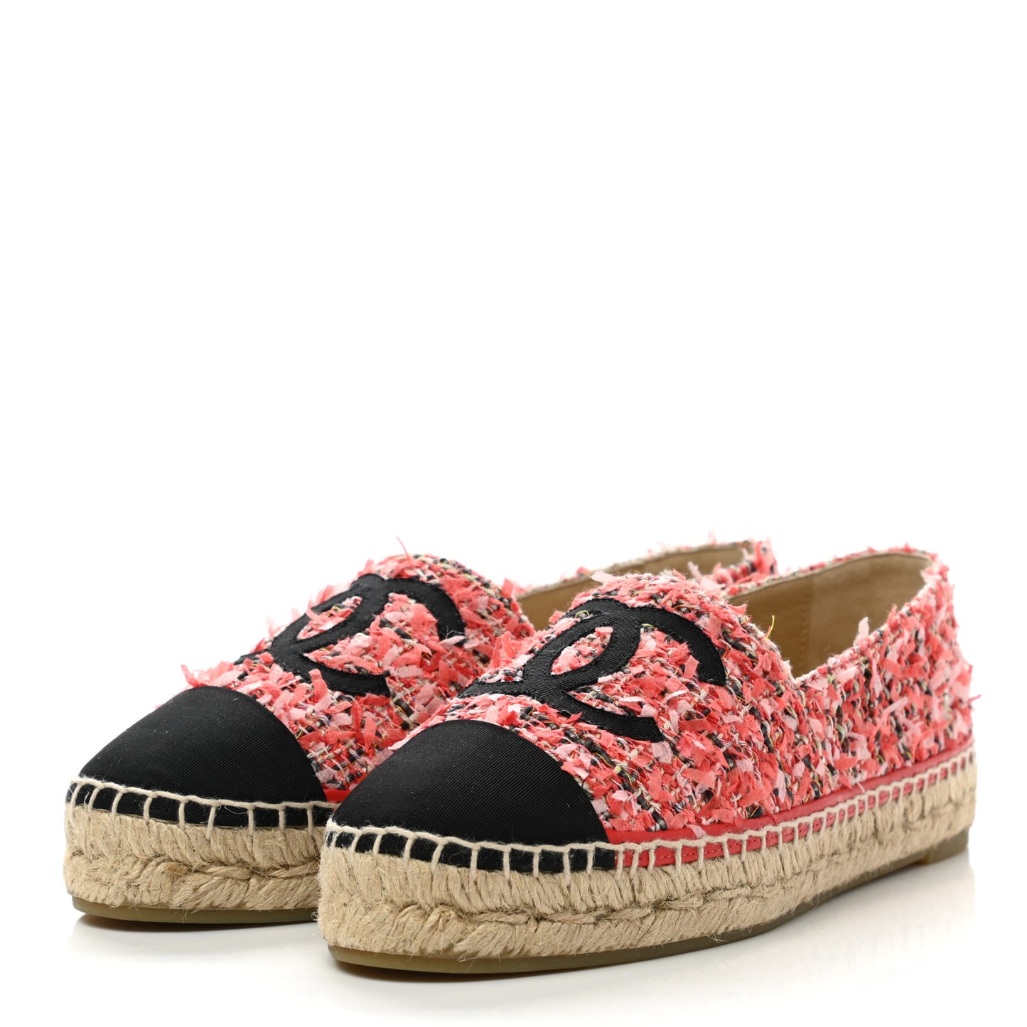 Tweed Grosgrain CC Espadrilles 38 Coral Red Pink Black
