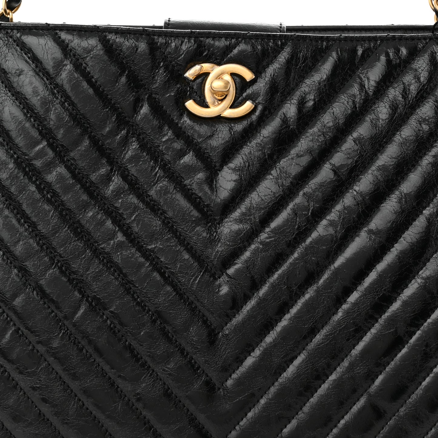 Aged Calfskin Chevron Quilted Shopping Tote Black