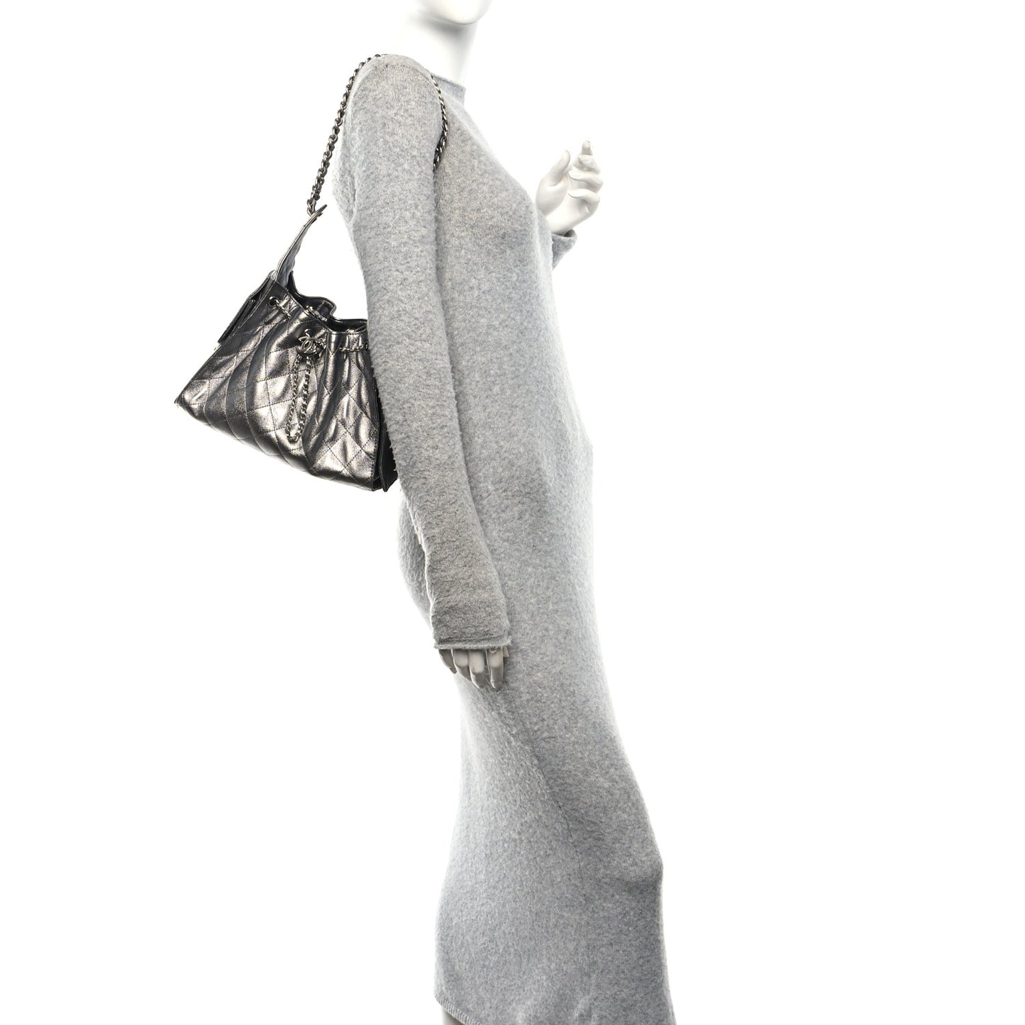 Metallic Caviar Quilted Small Chanel 25 Handbag Silver
