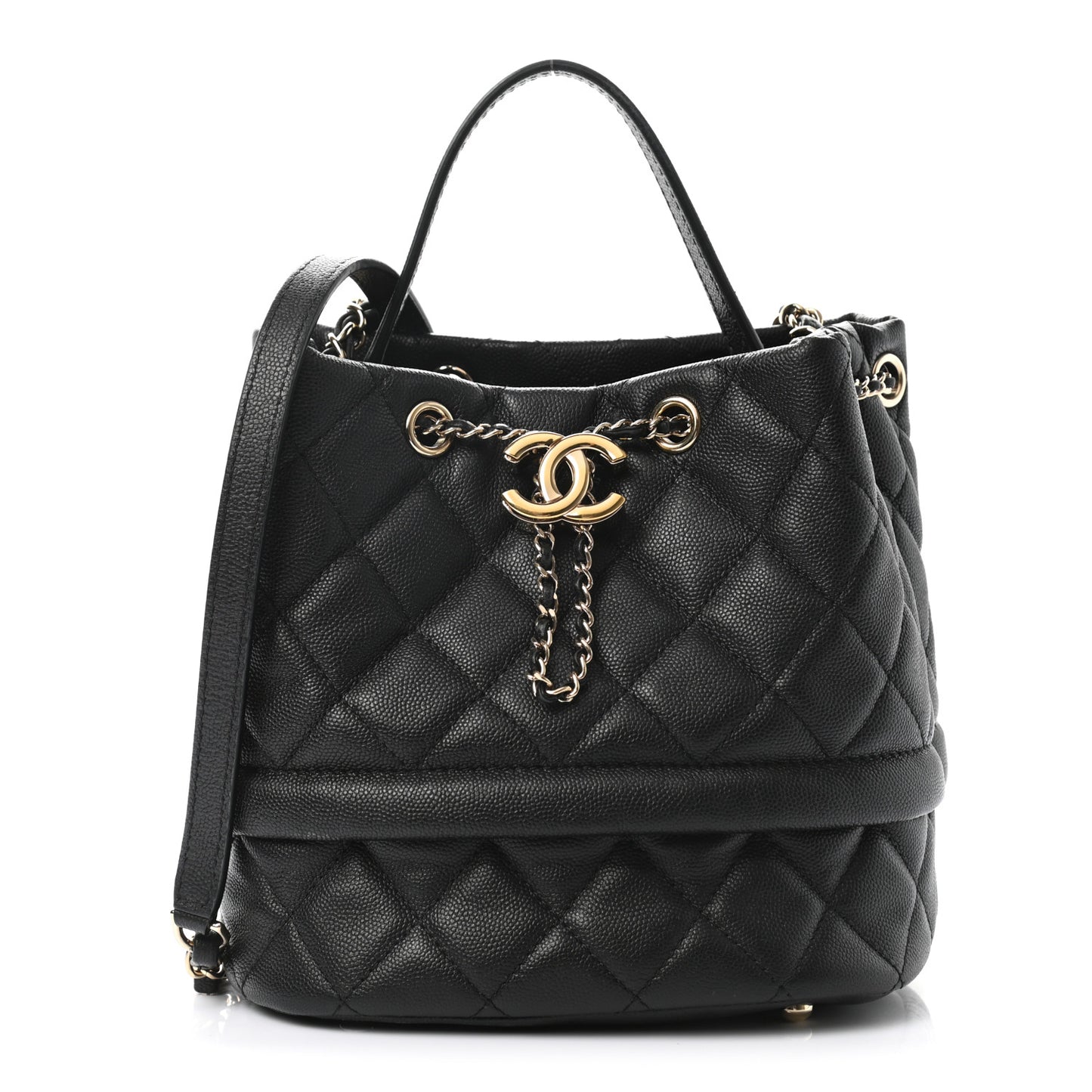 Caviar Quilted Rolled Up Bucket Drawstring Bag Black