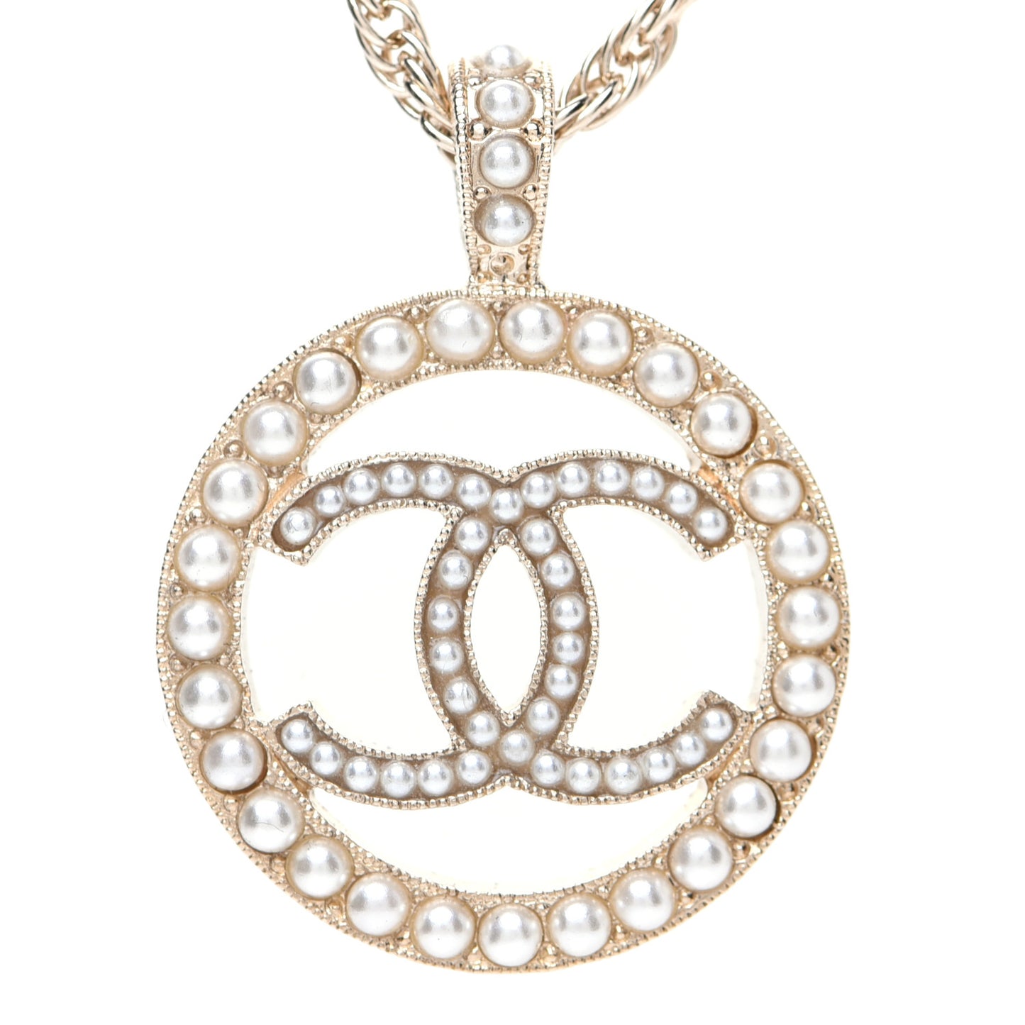 Pearl CC Round Pendant Necklace Gold