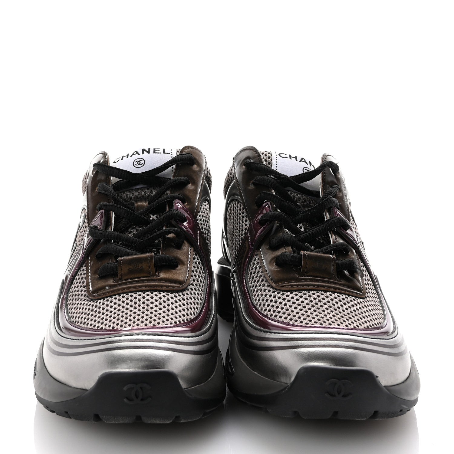 Chanel Fabric Laminated Calfskin Stretch CC Womens Sneakers 37.5 Khaki Silver Dark Purple 3 of 10