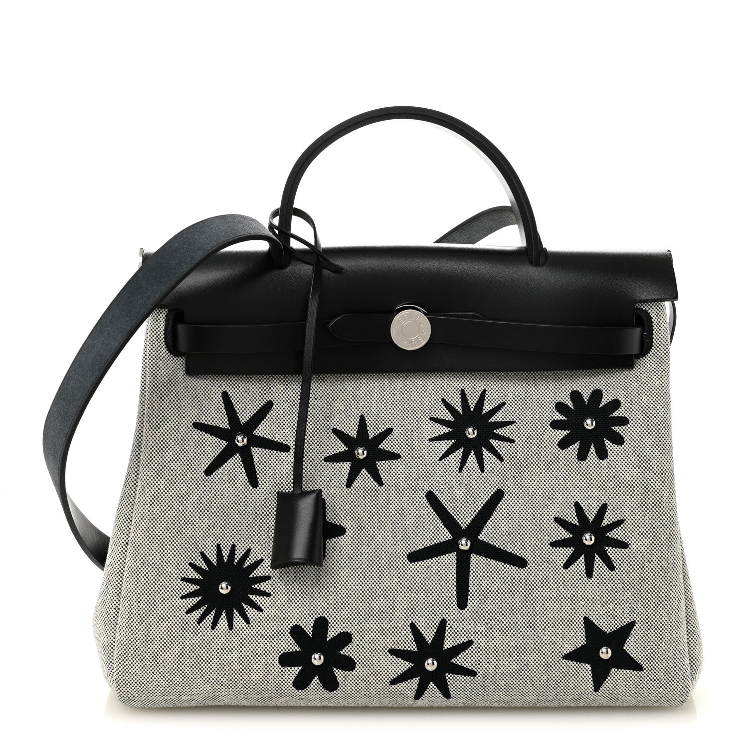 Hermes H Plume Canvas Vache Hunter Circuit Rider Hobnailed Herbag Zip Retourne 31 PM Black Ecru 1 of 11