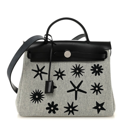 Hermes H Plume Canvas Vache Hunter Circuit Rider Hobnailed Herbag Zip Retourne 31 PM Black Ecru 1 of 11
