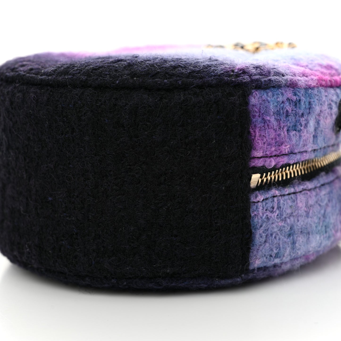 Wool Tweed Chanel 19 Round Clutch With Chain Purple Black Blue