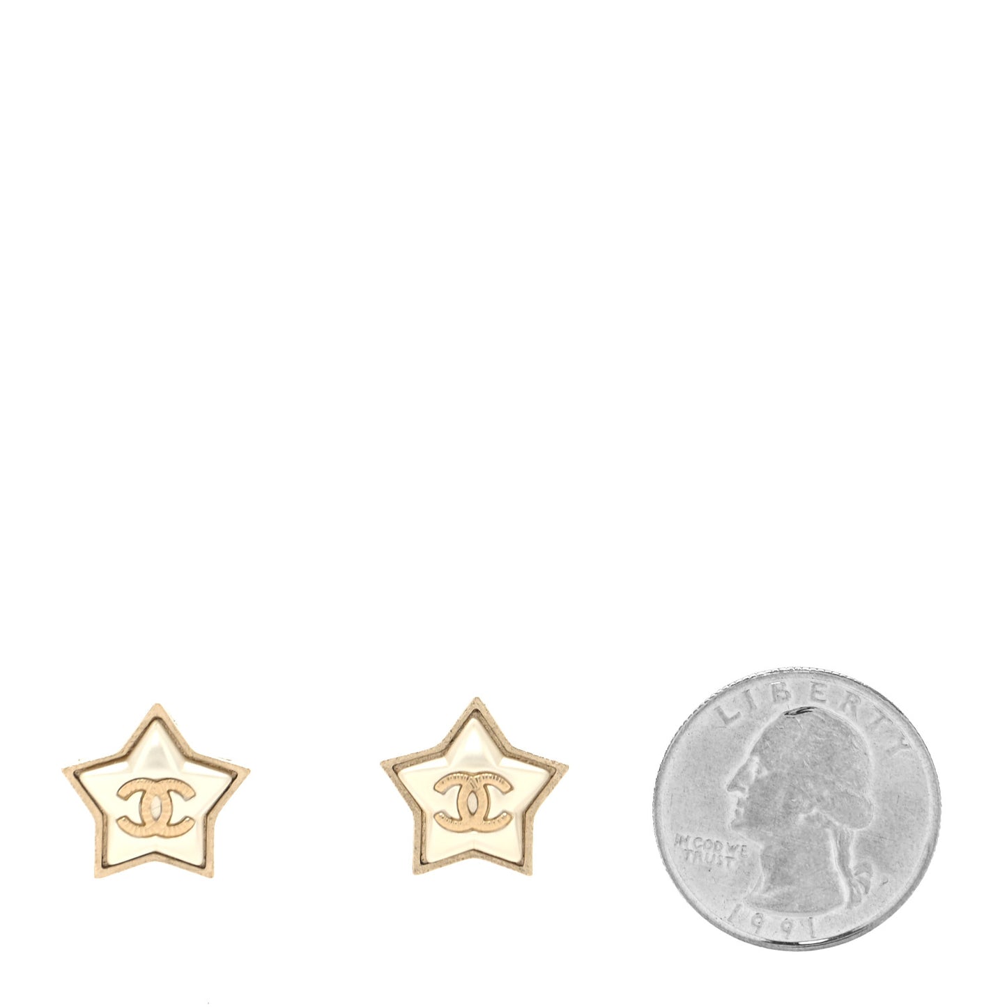 Resin Metal CC Star Earrings Gold Pearly White