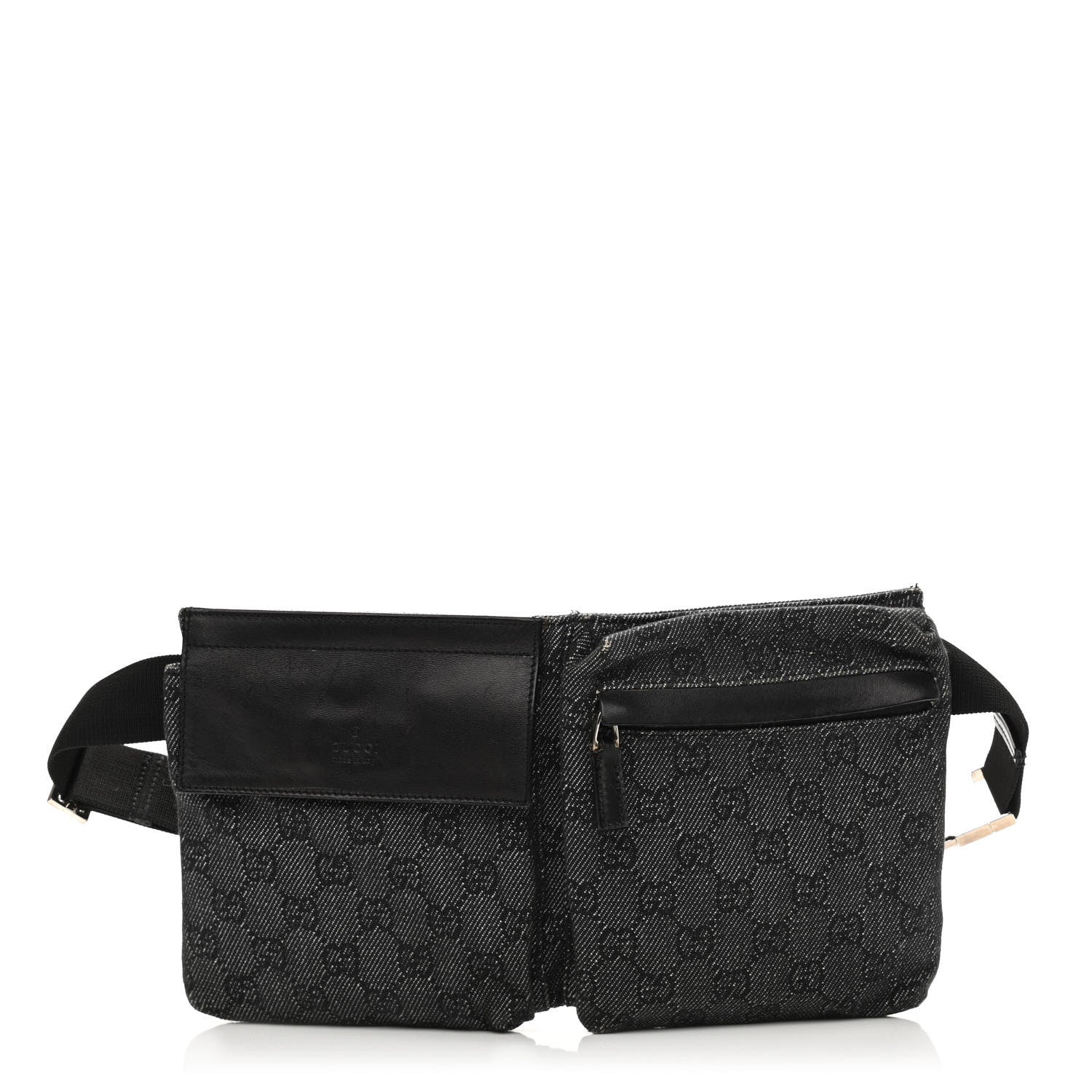 Gucci Denim Monogram Double Pocket Belt Bag Black 1 of 31