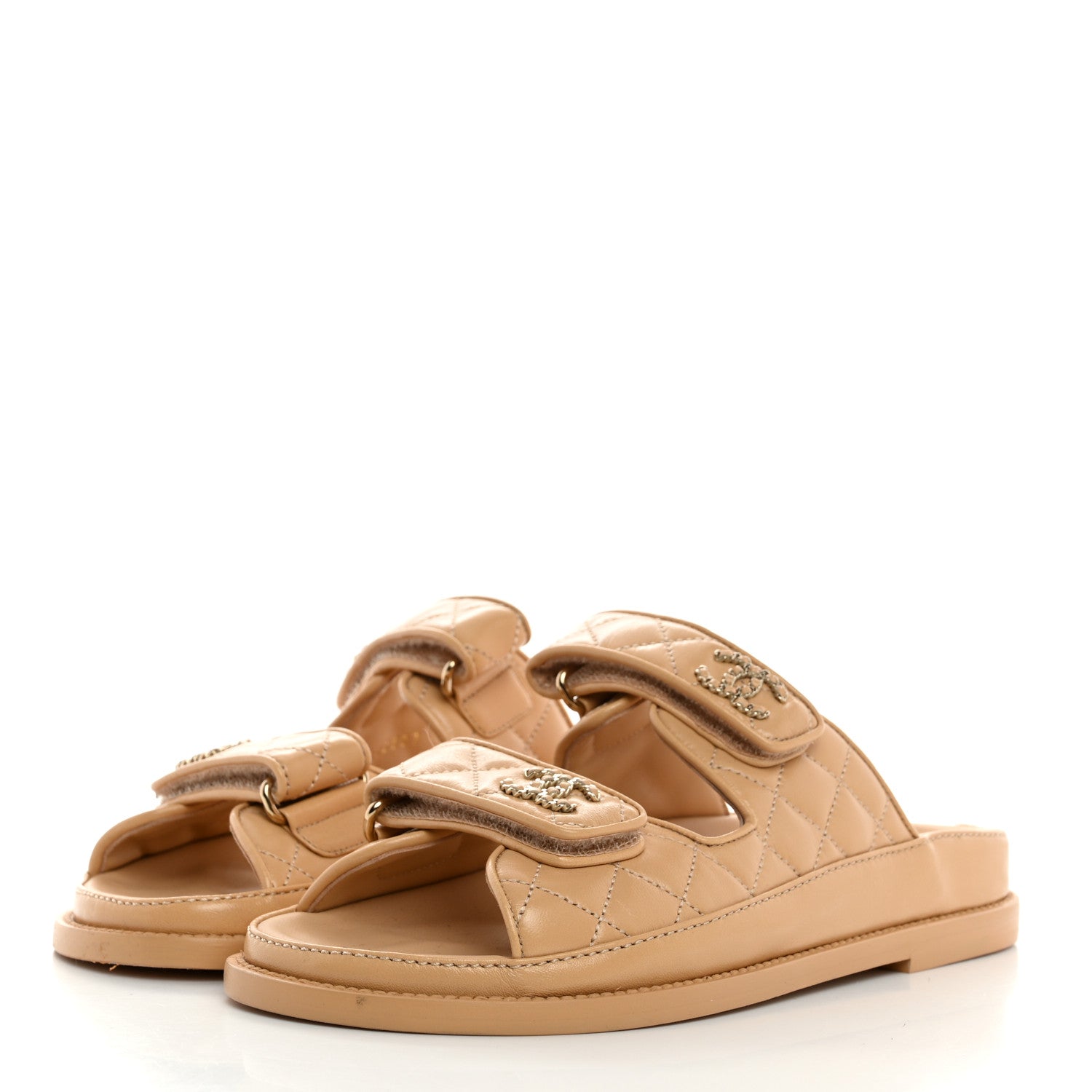 Chanel Lambskin Quilted Velcro Dad Chain CC Slide Sandals 35 Beige 3 of 8