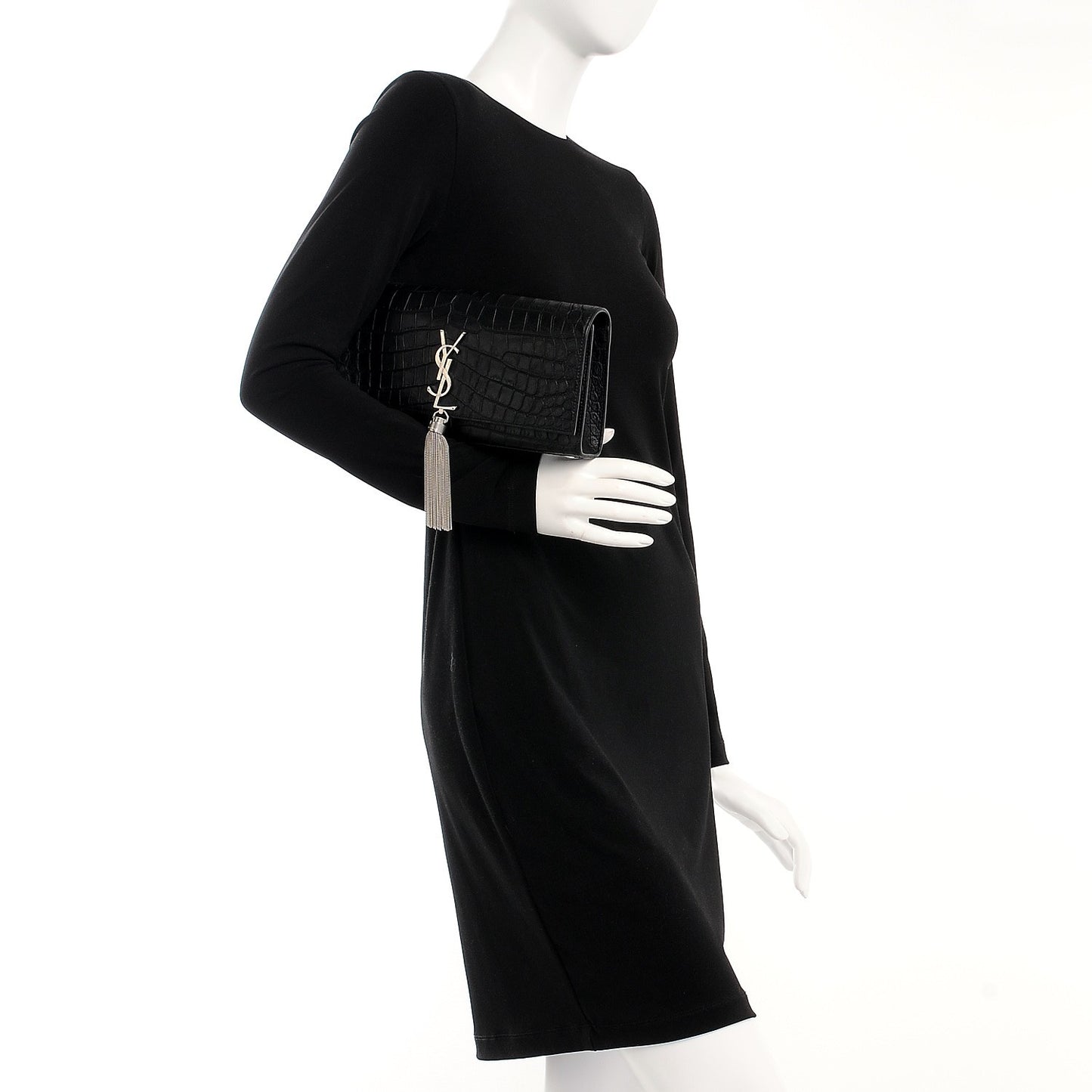 Calfskin Crocodile Embossed Classic Monogram Tassel Clutch Black