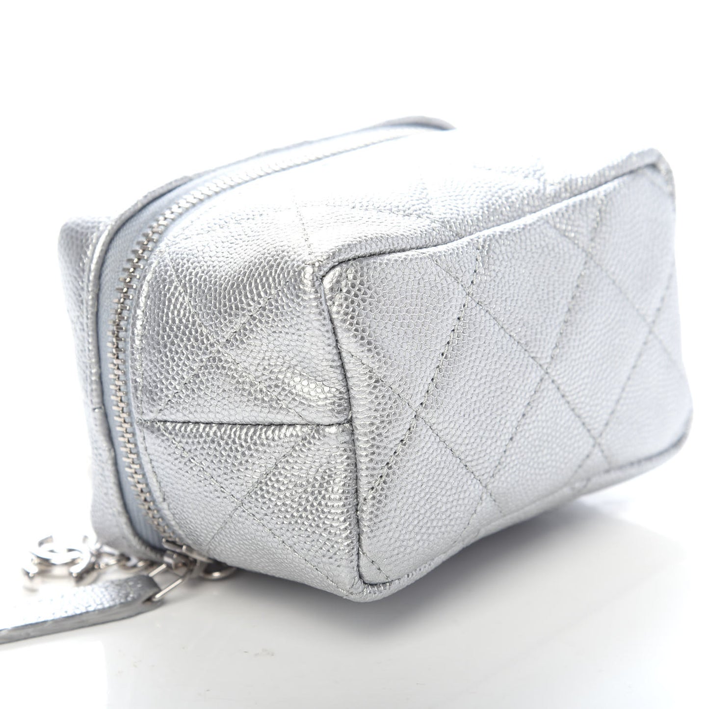 Metallic Caviar Quilted Mini Top Handle Vanity With Chain Silver