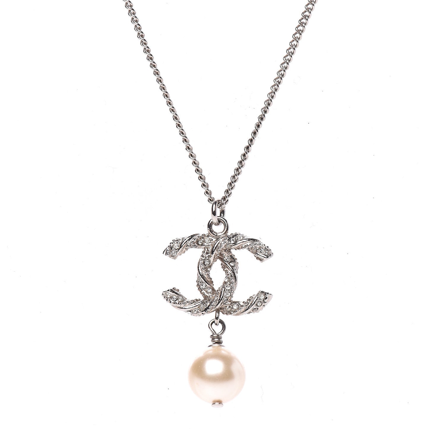 Crystal Pearl Twisted CC Drop Necklace Silver