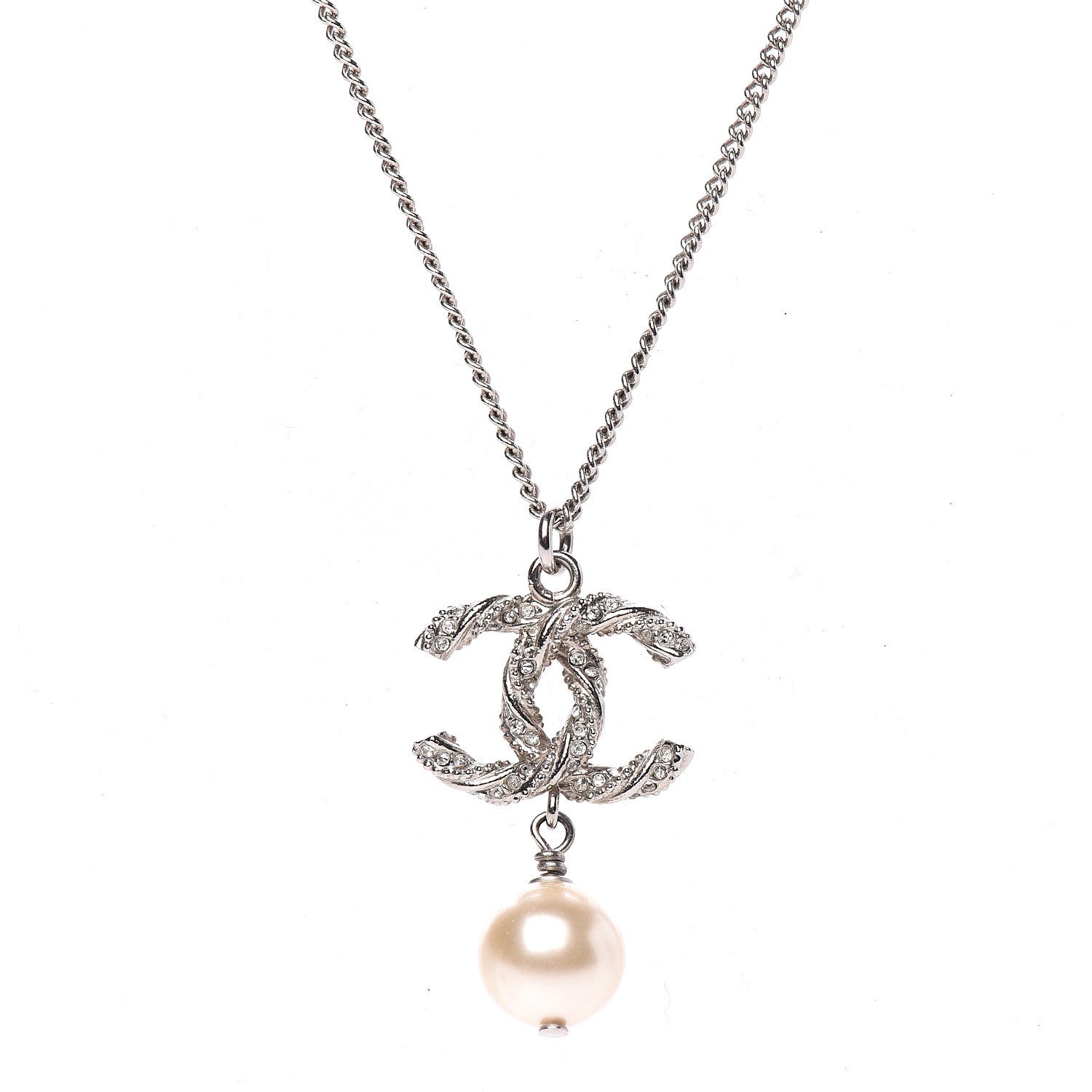 Chanel Crystal Pearl Twisted CC Drop Necklace Silver 3 of 5