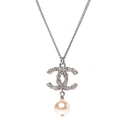 Chanel Crystal Pearl Twisted CC Drop Necklace Silver 3 of 5