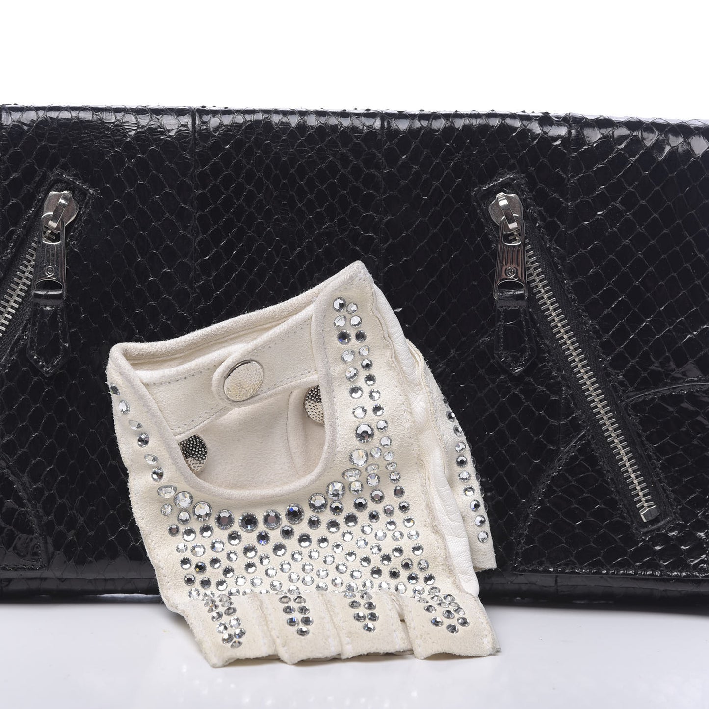 Whipsnakeskin Crystal Faithful Thriller Glove Clutch Black