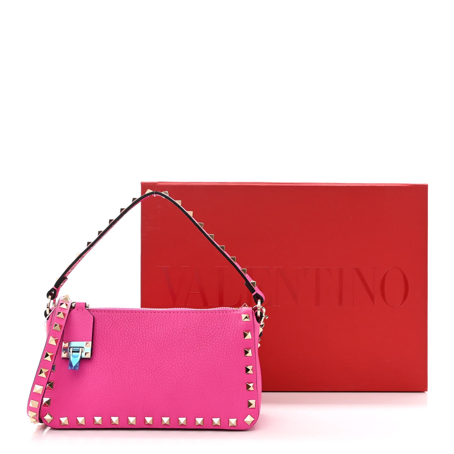 Pebbled Calfskin Small Rockstud Flip Lock Shoulder Bag Pink PP