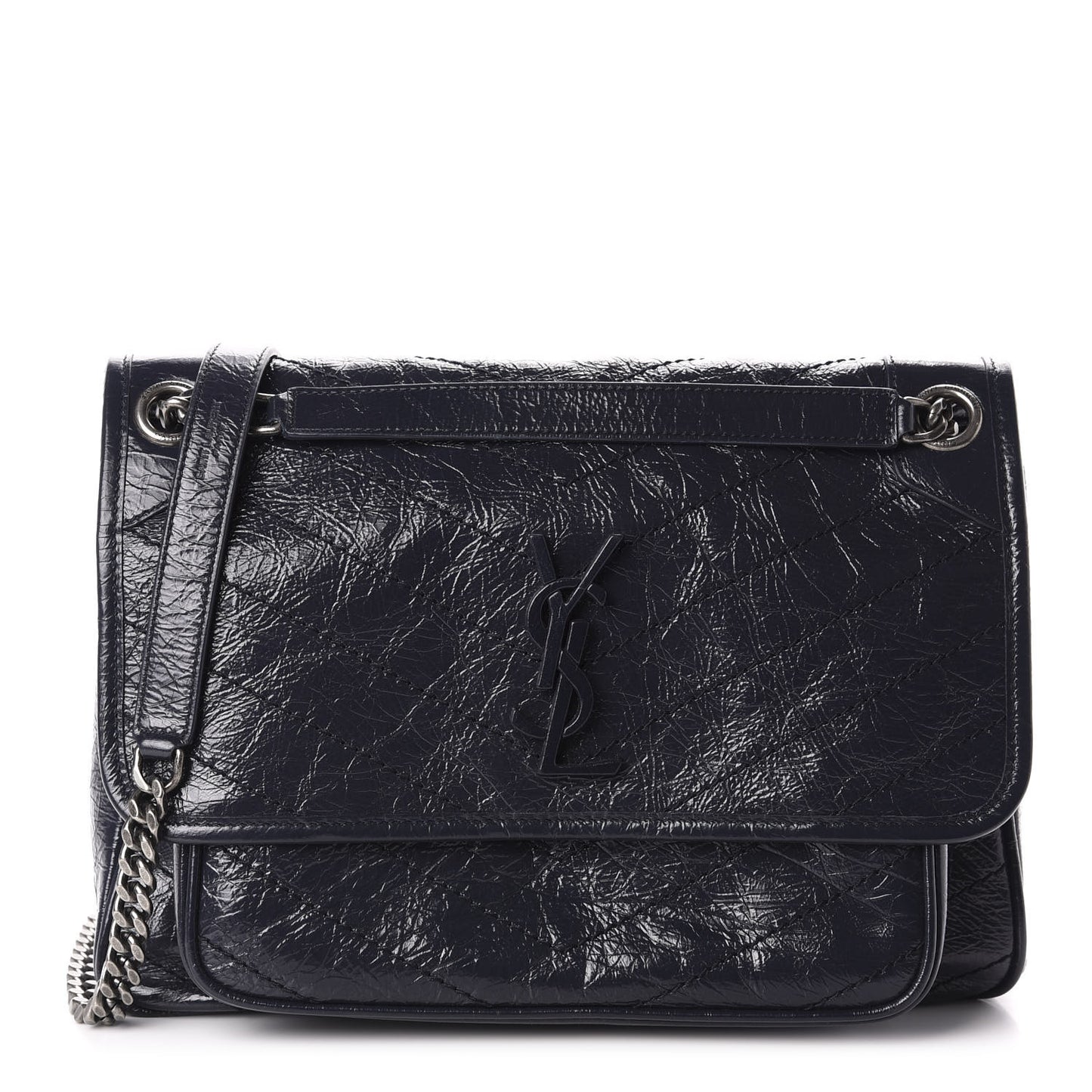 Crinkled Calfskin Matelasse Monogram Medium Niki Chain Satchel Deep Marine