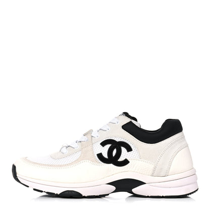 Chanel Mesh Suede Calfskin Grained Calfskin Womens CC Sneakers 39.5 White Black 1 of 11