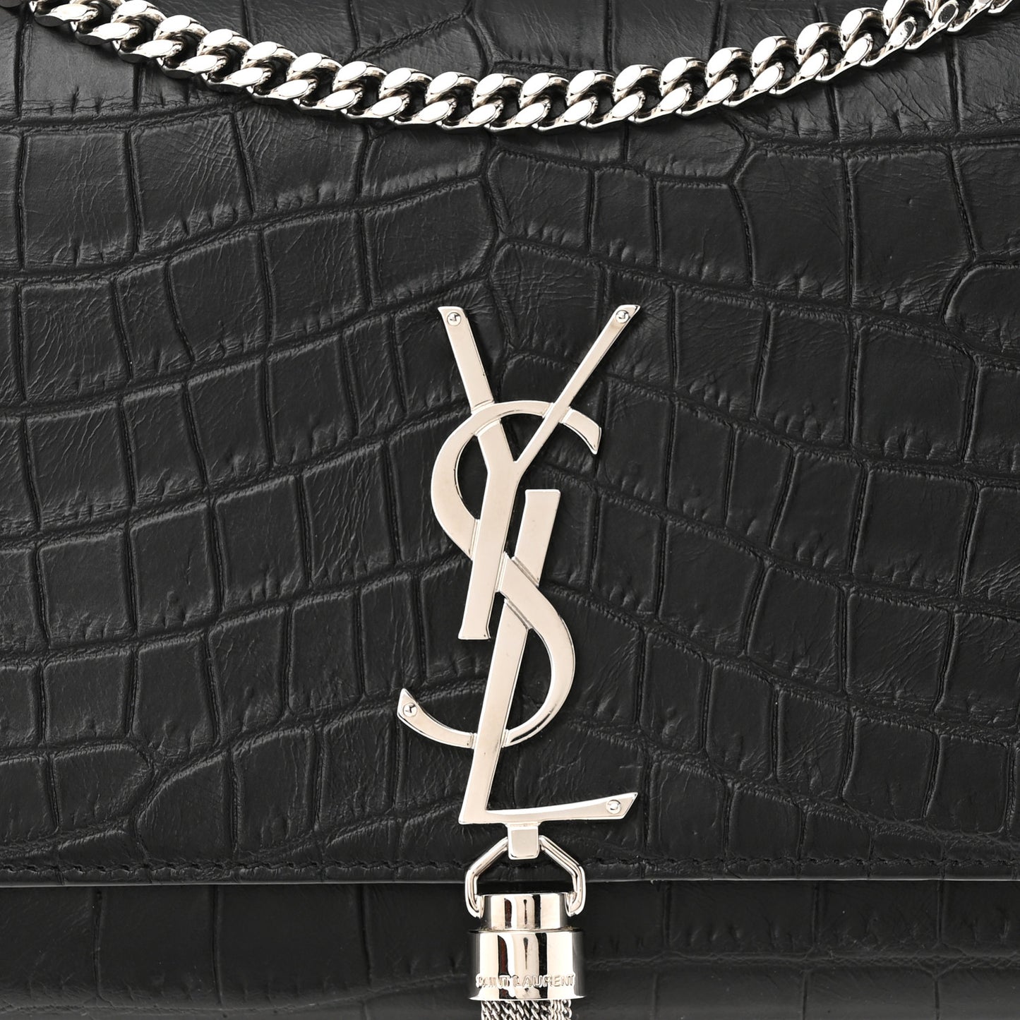 Calfskin Crocodile Embossed Medium Classic Monogram Kate Tassel Satchel Black