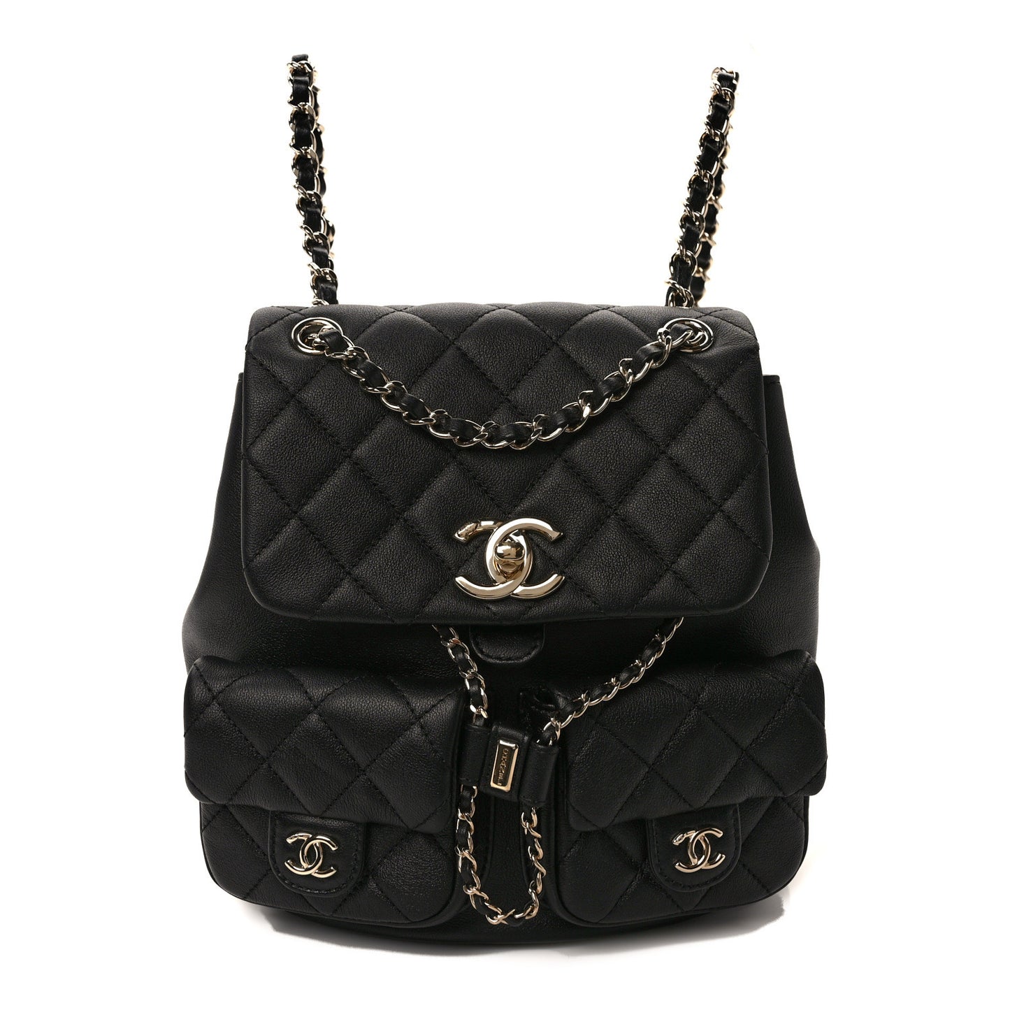 Calfskin Quilted Medium Duma Pockets Drawstring Backpack Black