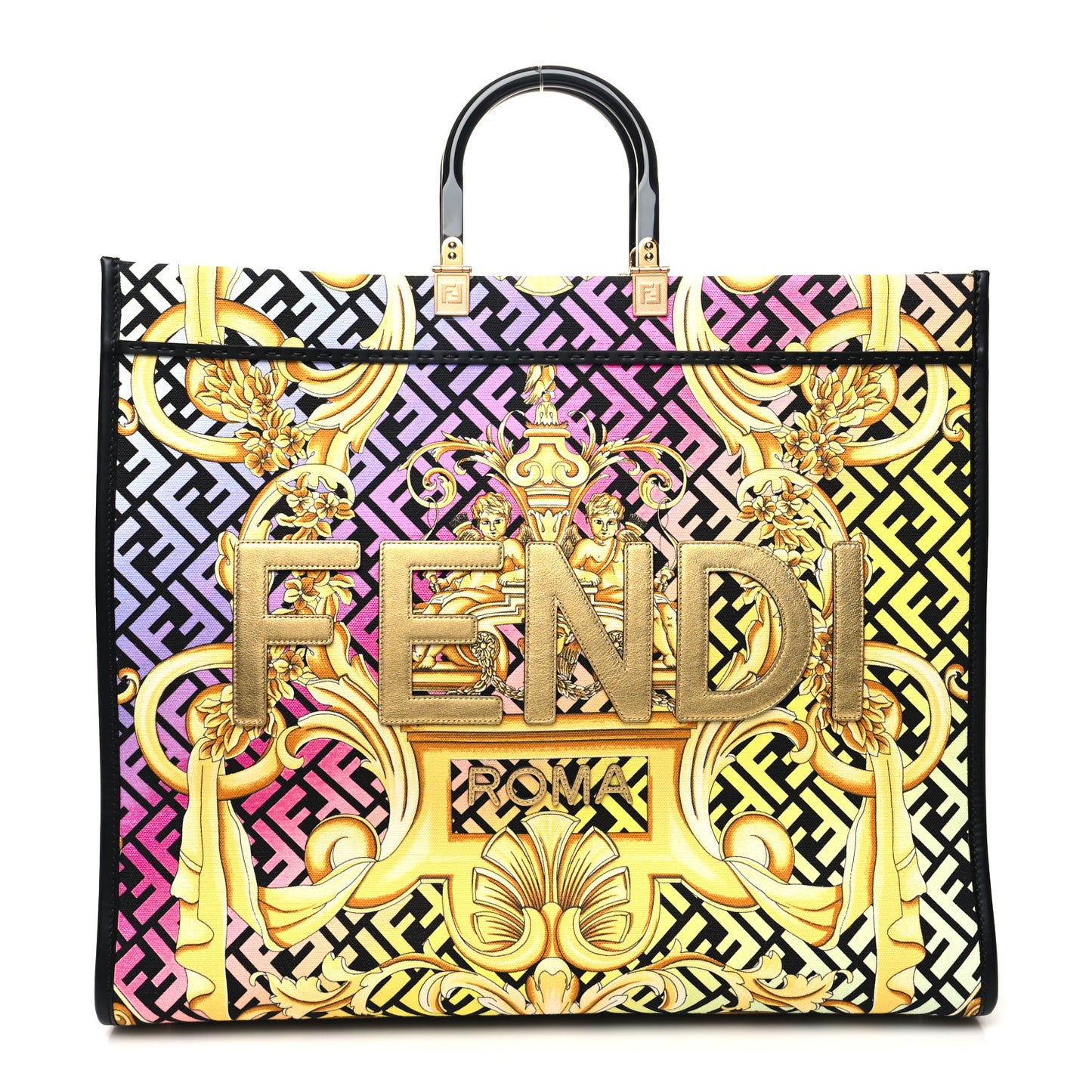 X VERSACE Canvas Printed Plexiglass Fendace FF Baroque XL Fendi Sunshine Shopper Tote Gold